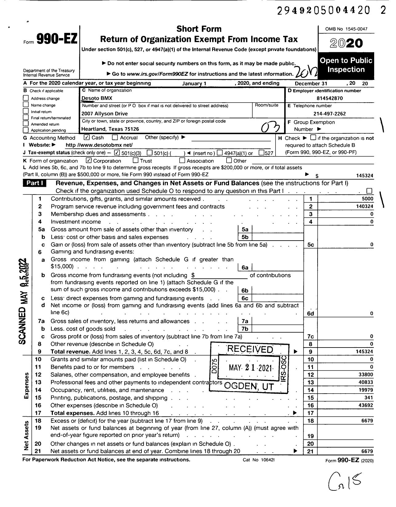 Image of first page of 2020 Form 990EZ for Desoto BMX