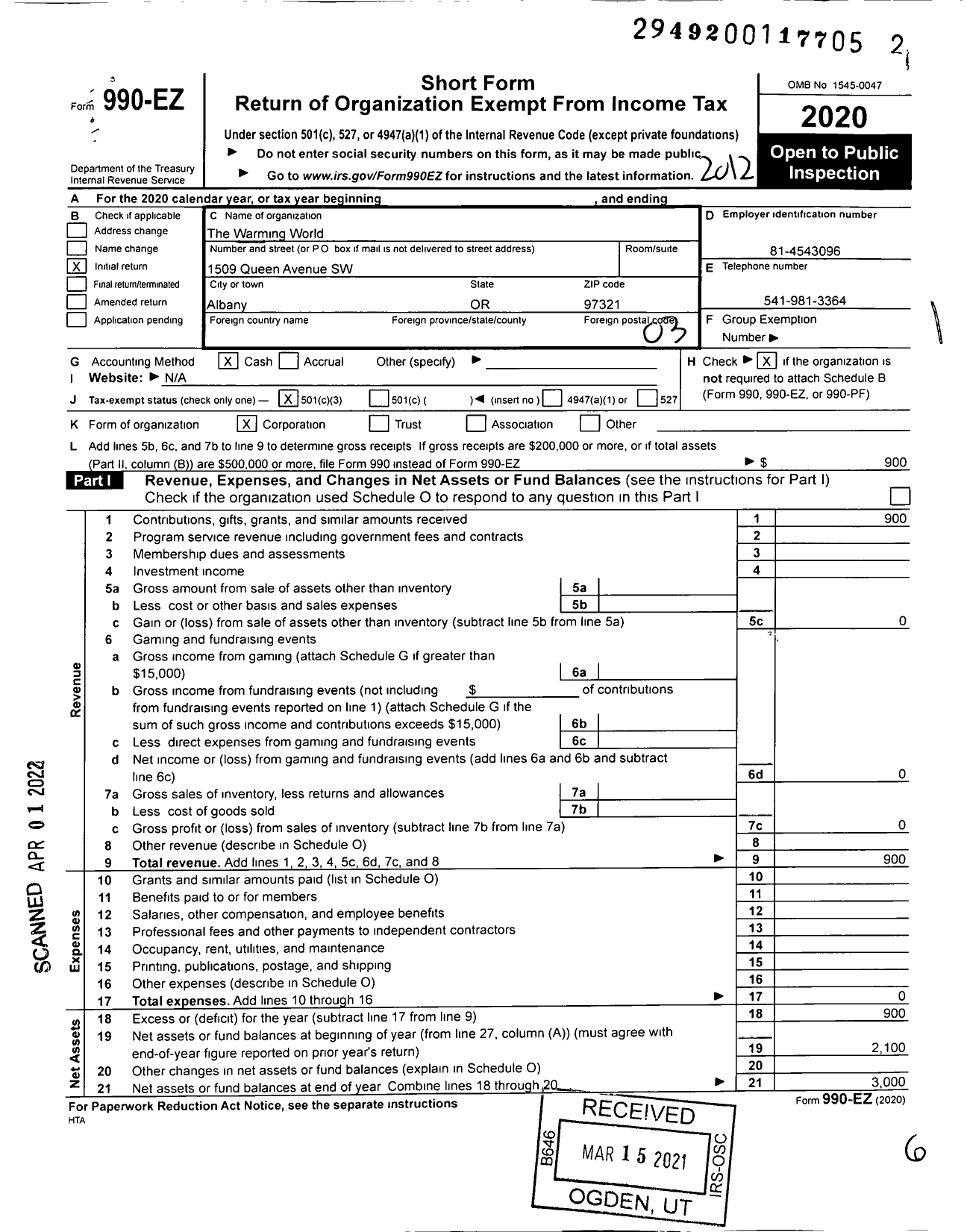 Image of first page of 2020 Form 990EZ for Warming World