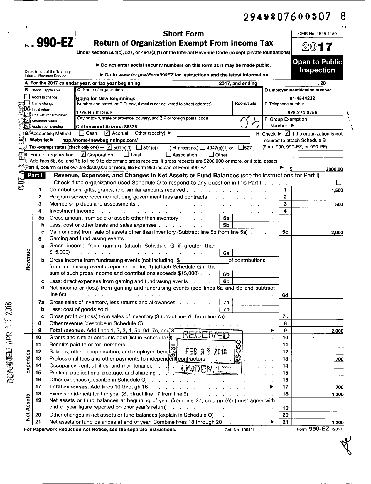 Image of first page of 2017 Form 990EZ for Home for New Beginnings