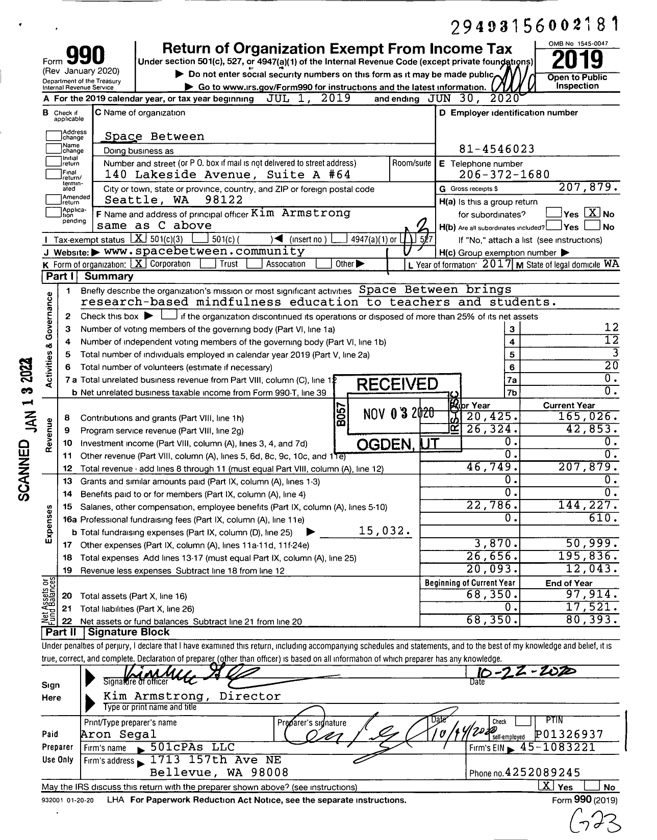 Image of first page of 2019 Form 990 for Space Between