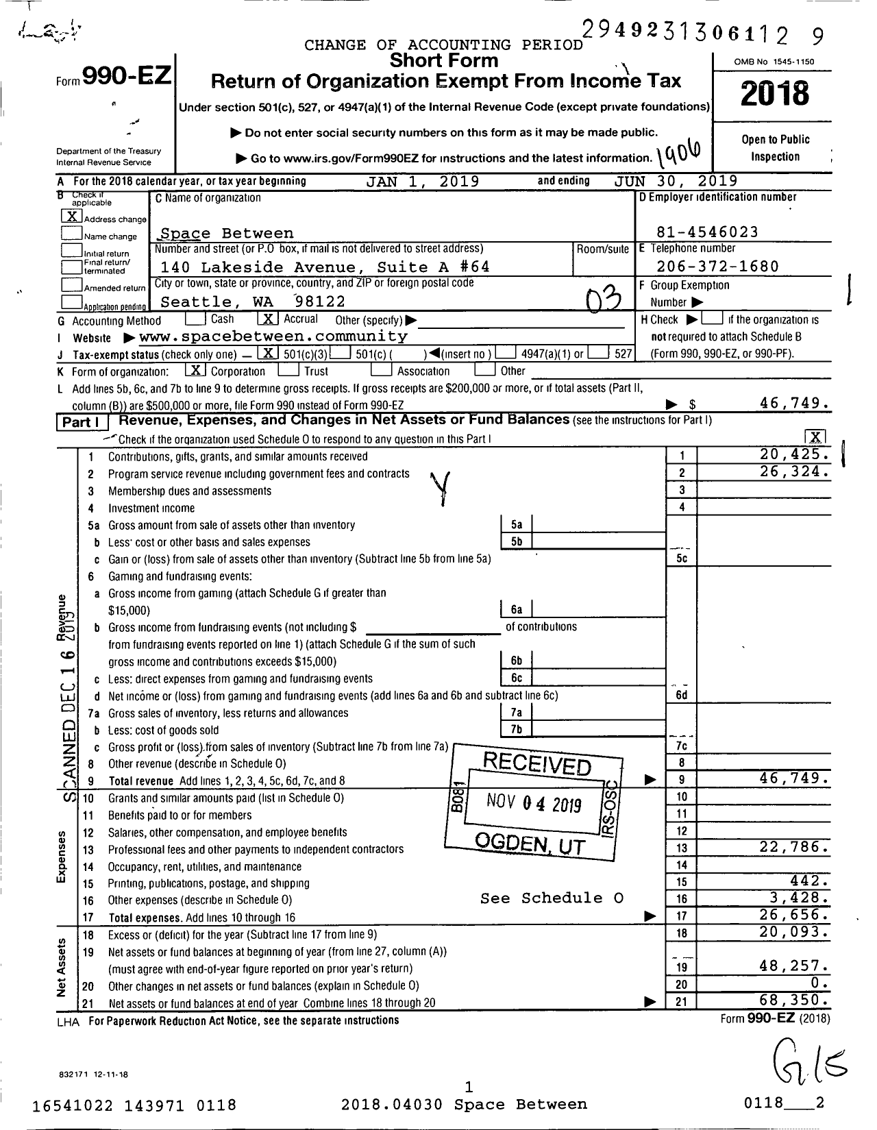 Image of first page of 2018 Form 990EZ for Space Between