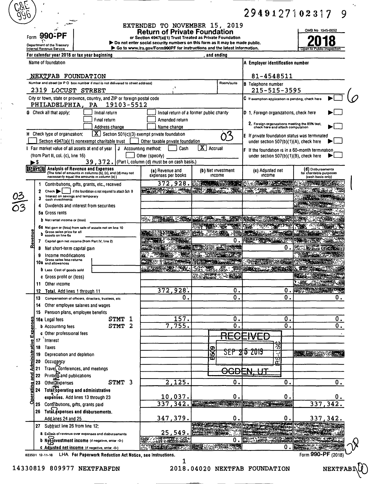 Image of first page of 2018 Form 990PF for Nextfab Foundation