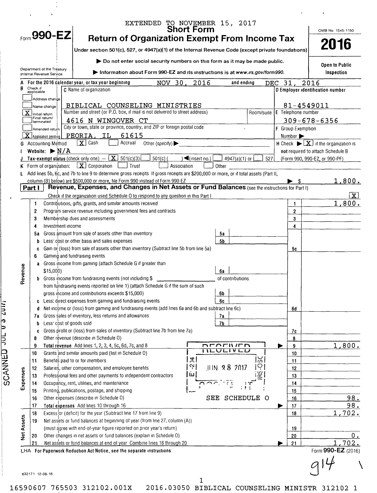 Image of first page of 2016 Form 990EZ for Biblical Counseling Ministries