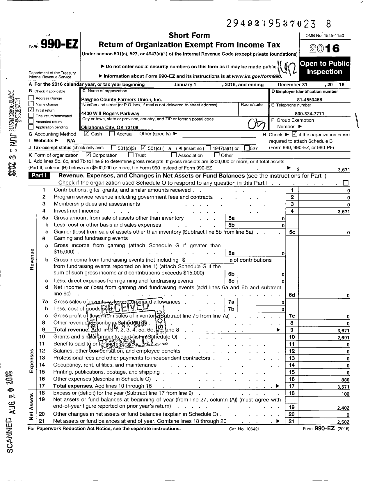 Image of first page of 2016 Form 990EO for Farmers Educational and Cooperative Union of America / Pawnee County Farmers Union