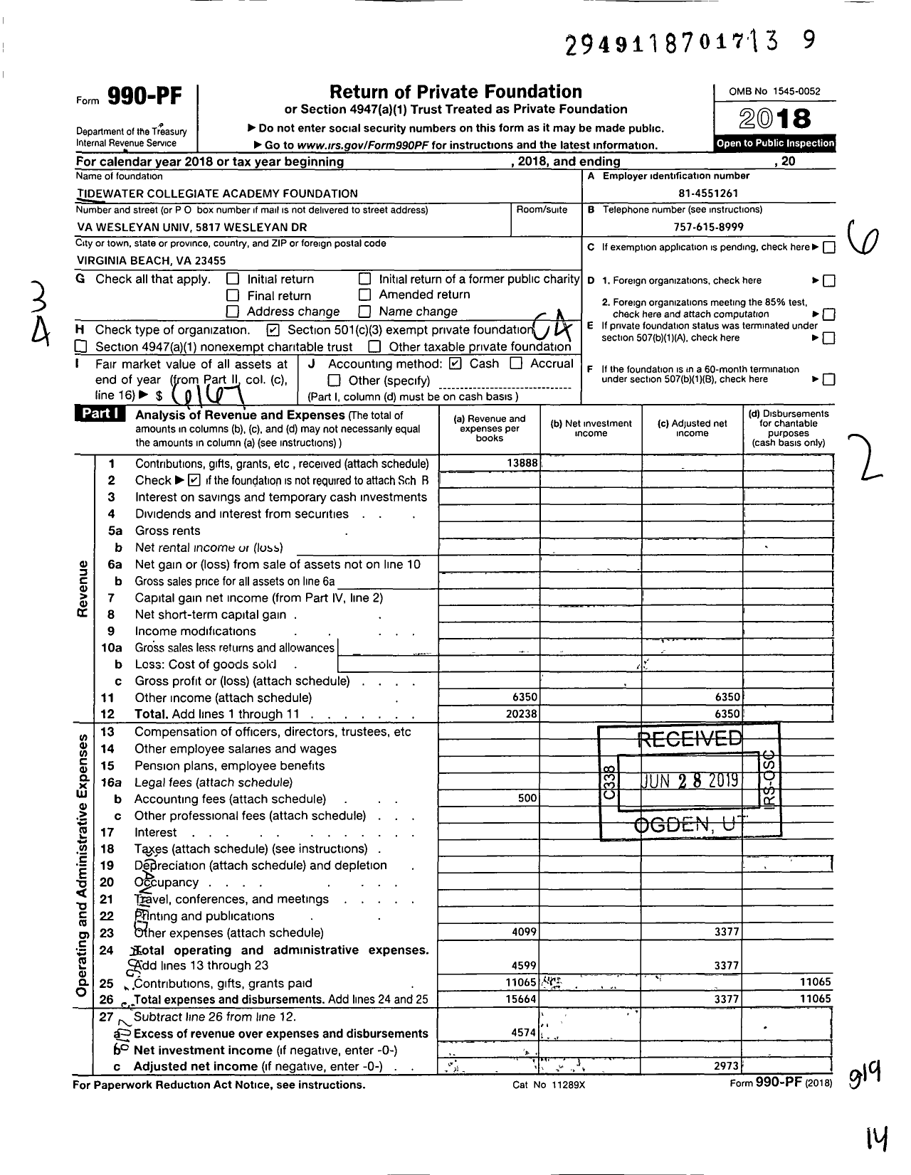 Image of first page of 2018 Form 990PF for Tidewater Collegiate Academy Foundation