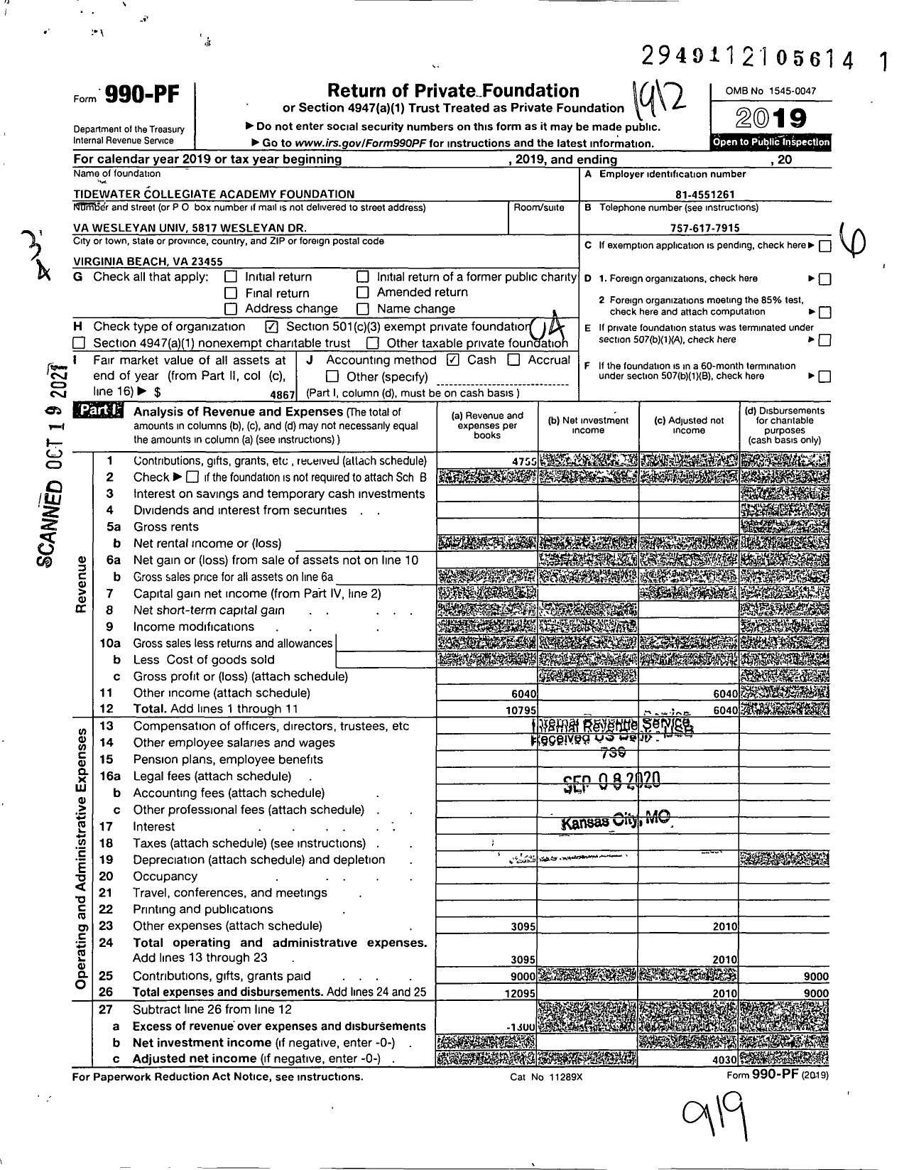 Image of first page of 2019 Form 990PF for Tidewater Collegiate Academy Foundation