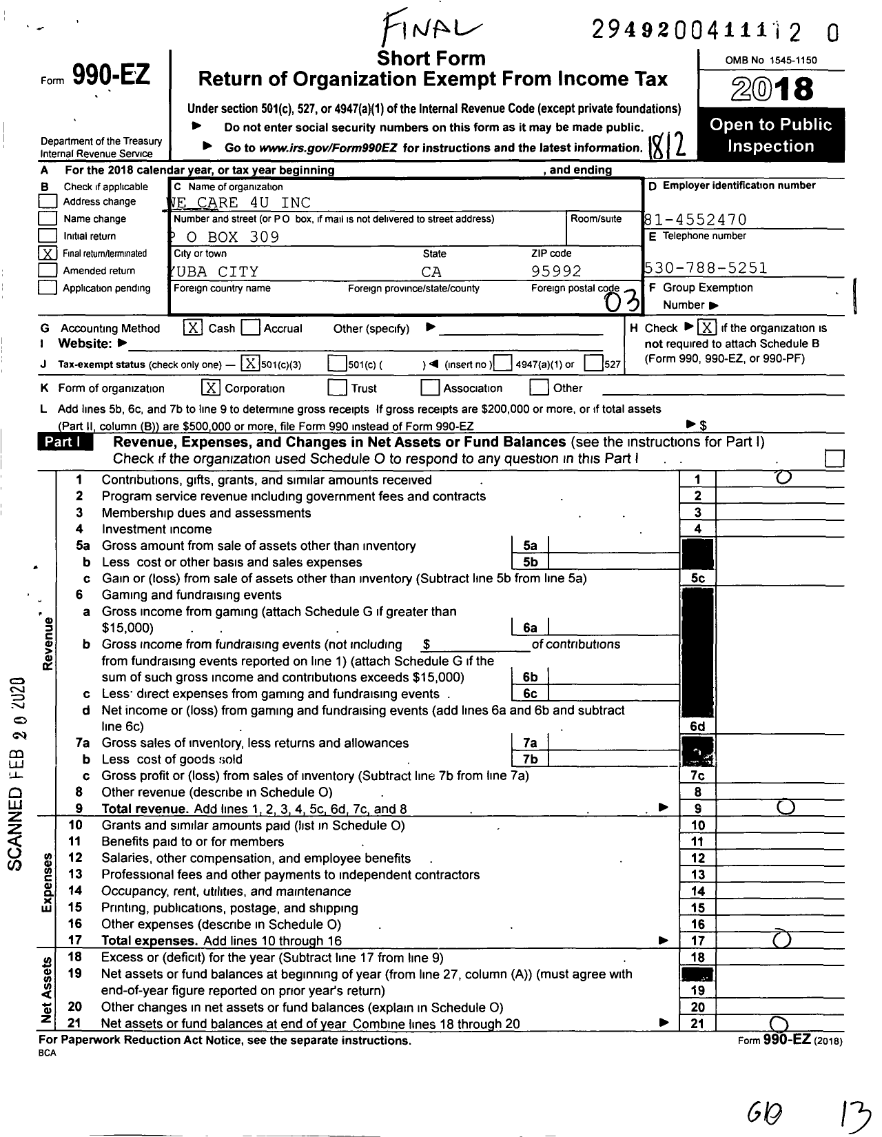 Image of first page of 2018 Form 990EZ for We Care 4u