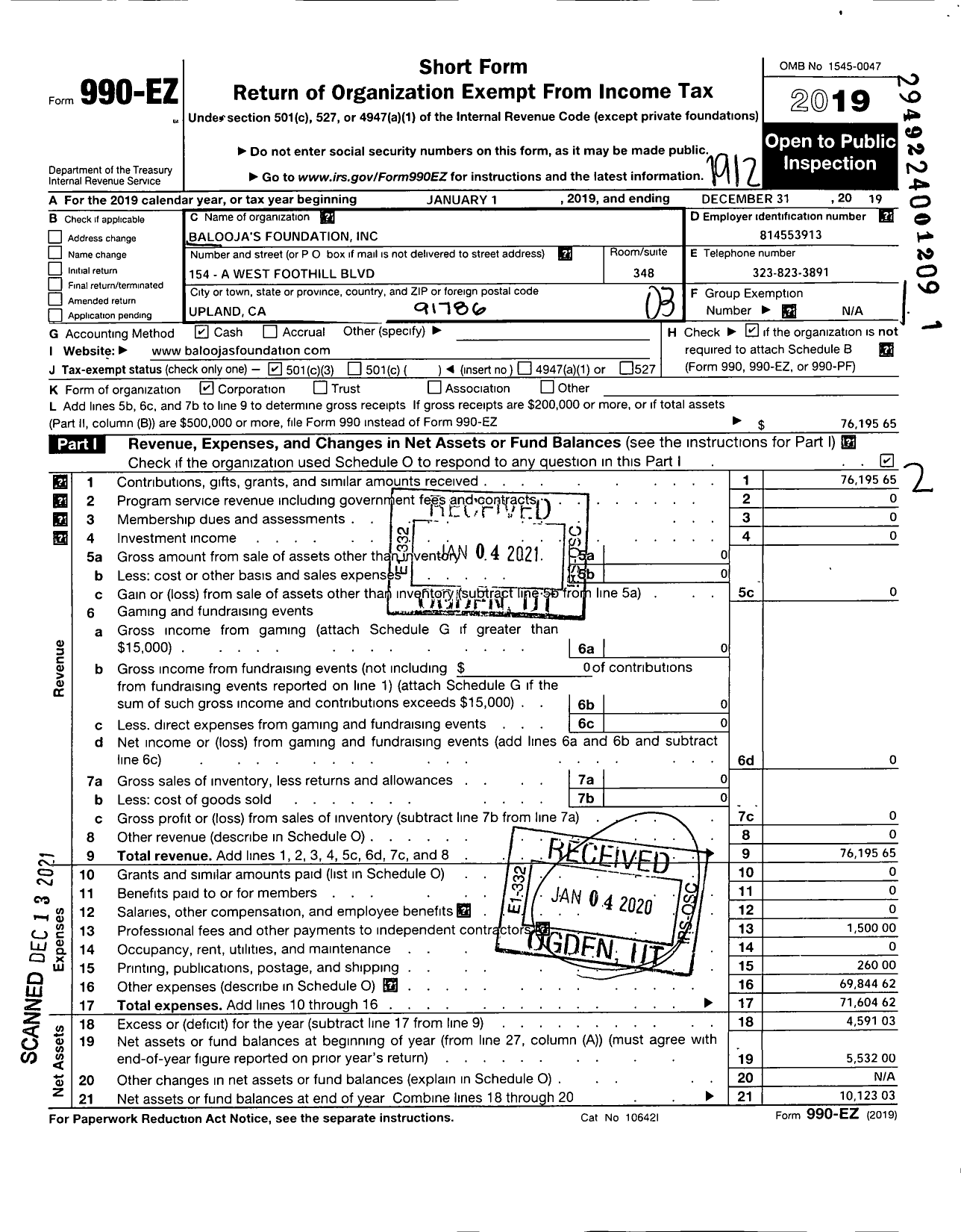 Image of first page of 2019 Form 990EZ for Balooja's Foundation