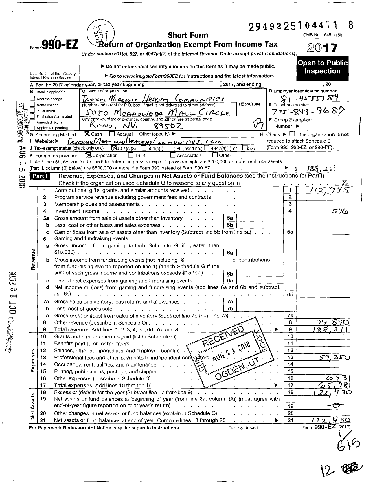 Image of first page of 2017 Form 990EZ for Truckee Meadows Healthy Communities