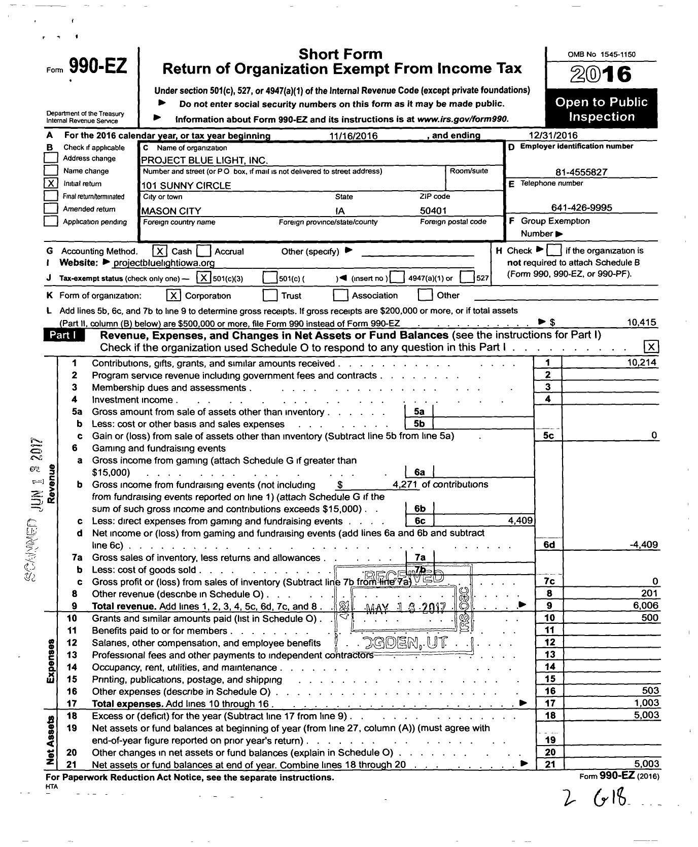 Image of first page of 2016 Form 990EZ for Project Blue Light