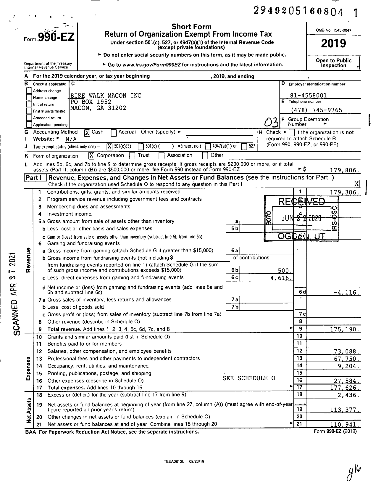 Image of first page of 2019 Form 990EZ for Bike Walk Macon