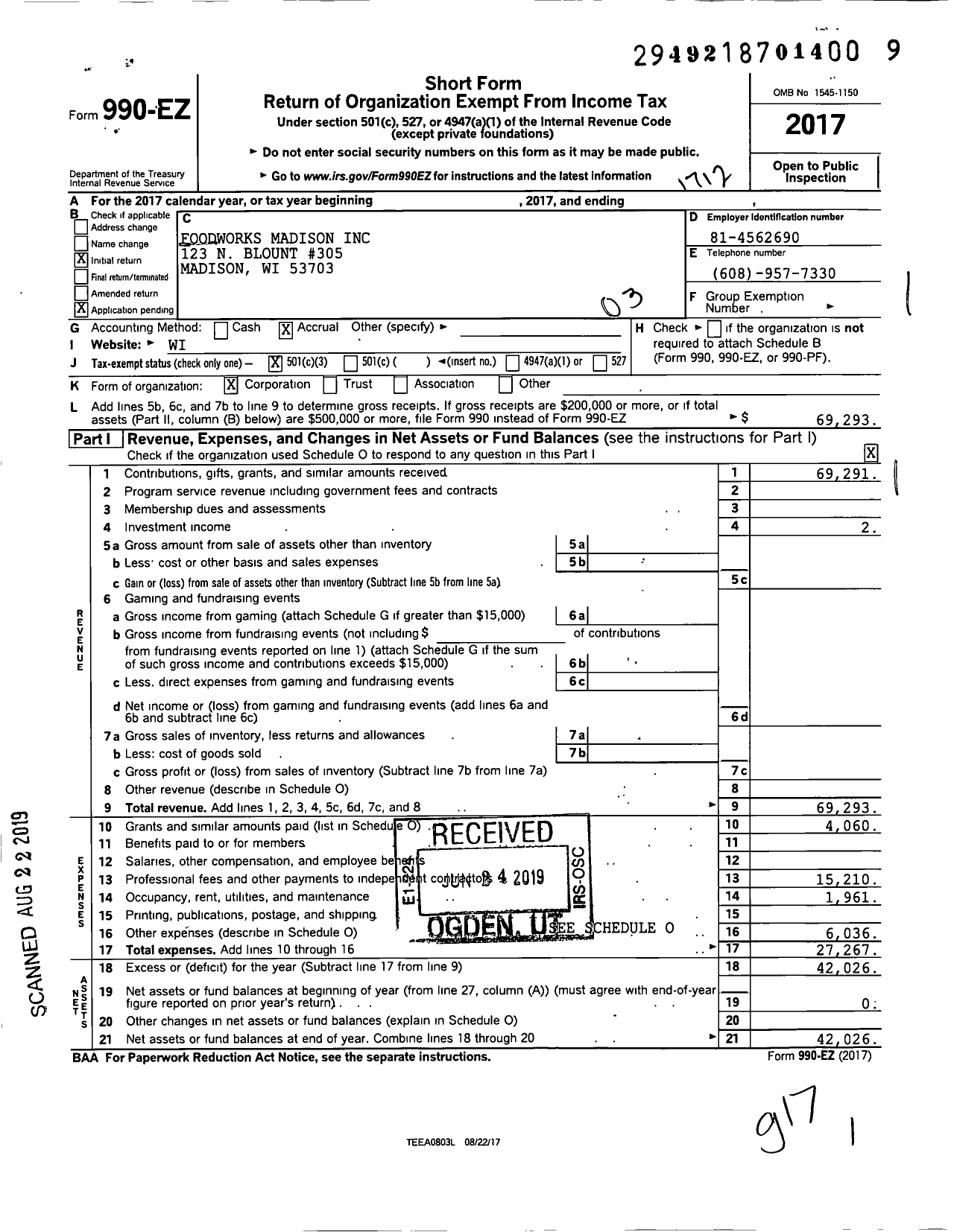 Image of first page of 2017 Form 990EZ for Foodworks Madison