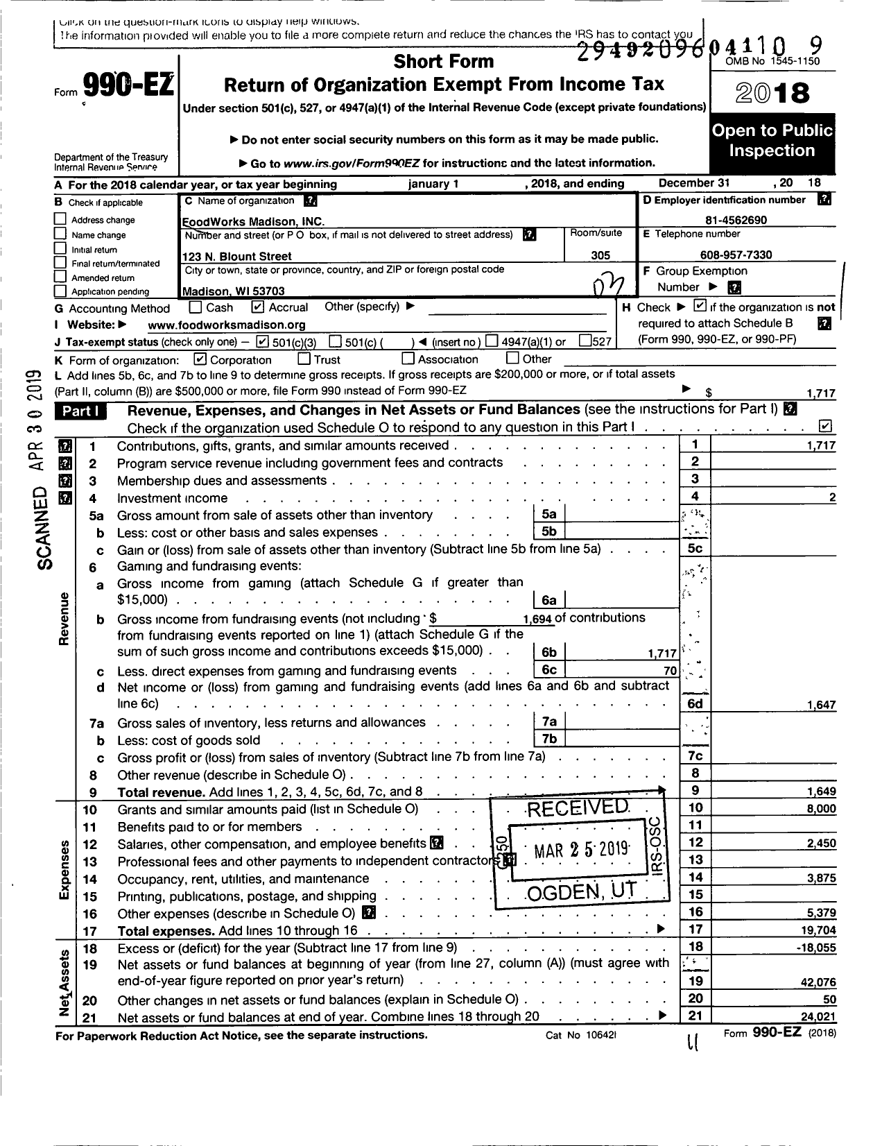 Image of first page of 2018 Form 990EZ for Foodworks Madison