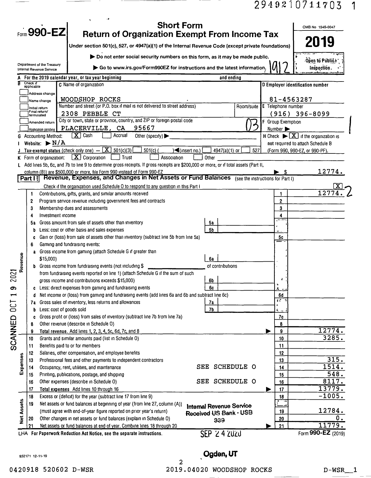 Image of first page of 2019 Form 990EZ for Woodshop Rocks