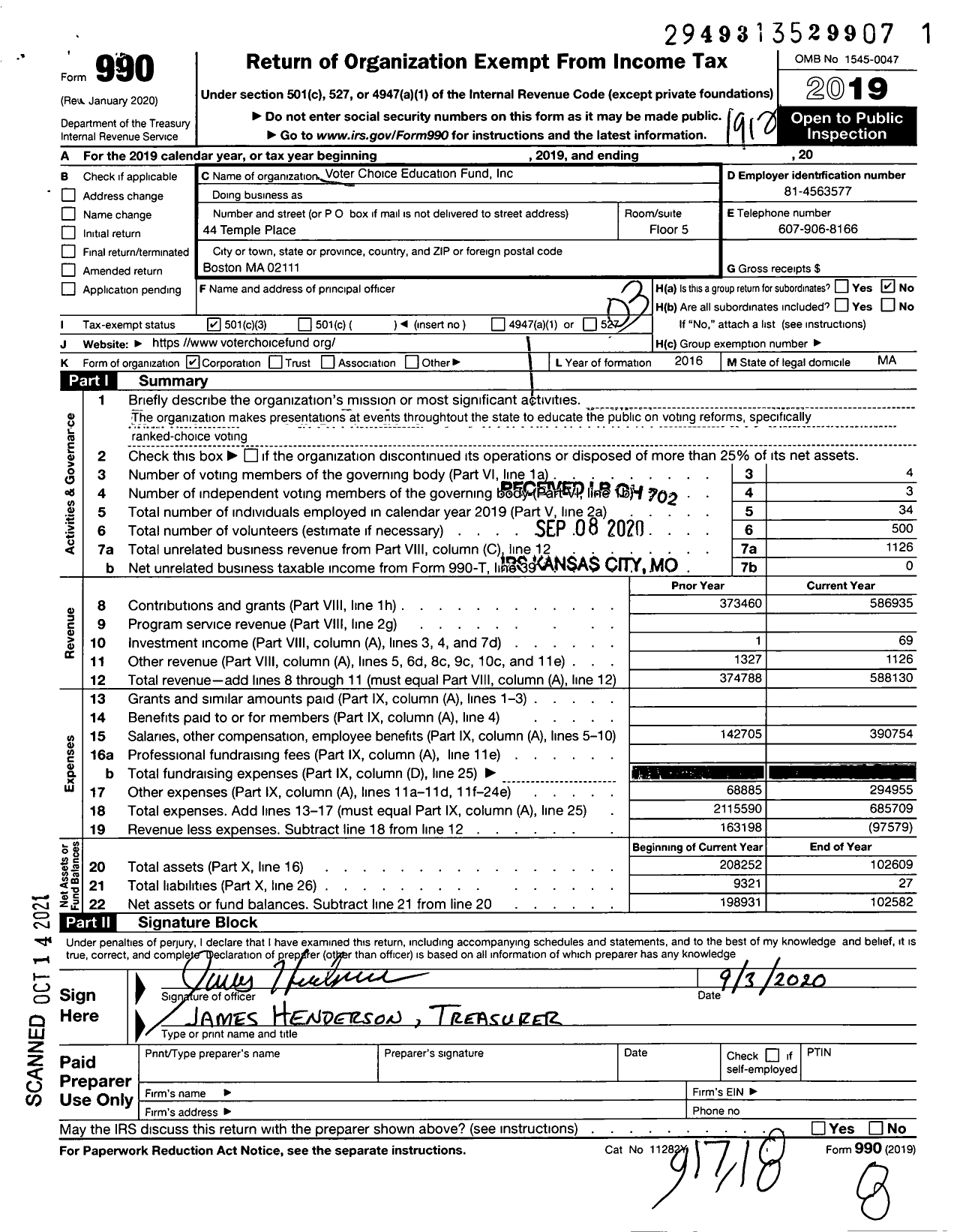 Image of first page of 2019 Form 990 for Voter Choice Education Fund