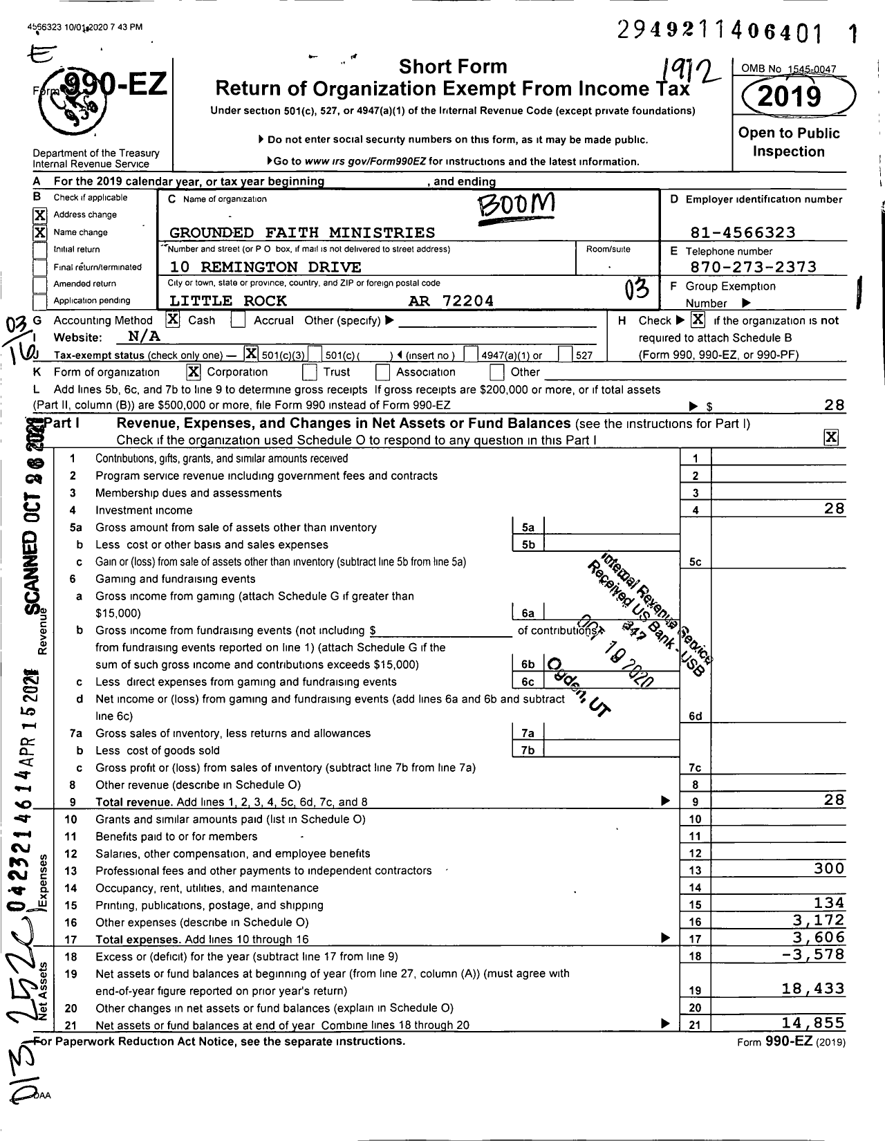 Image of first page of 2019 Form 990EZ for Grounded Faith Ministries