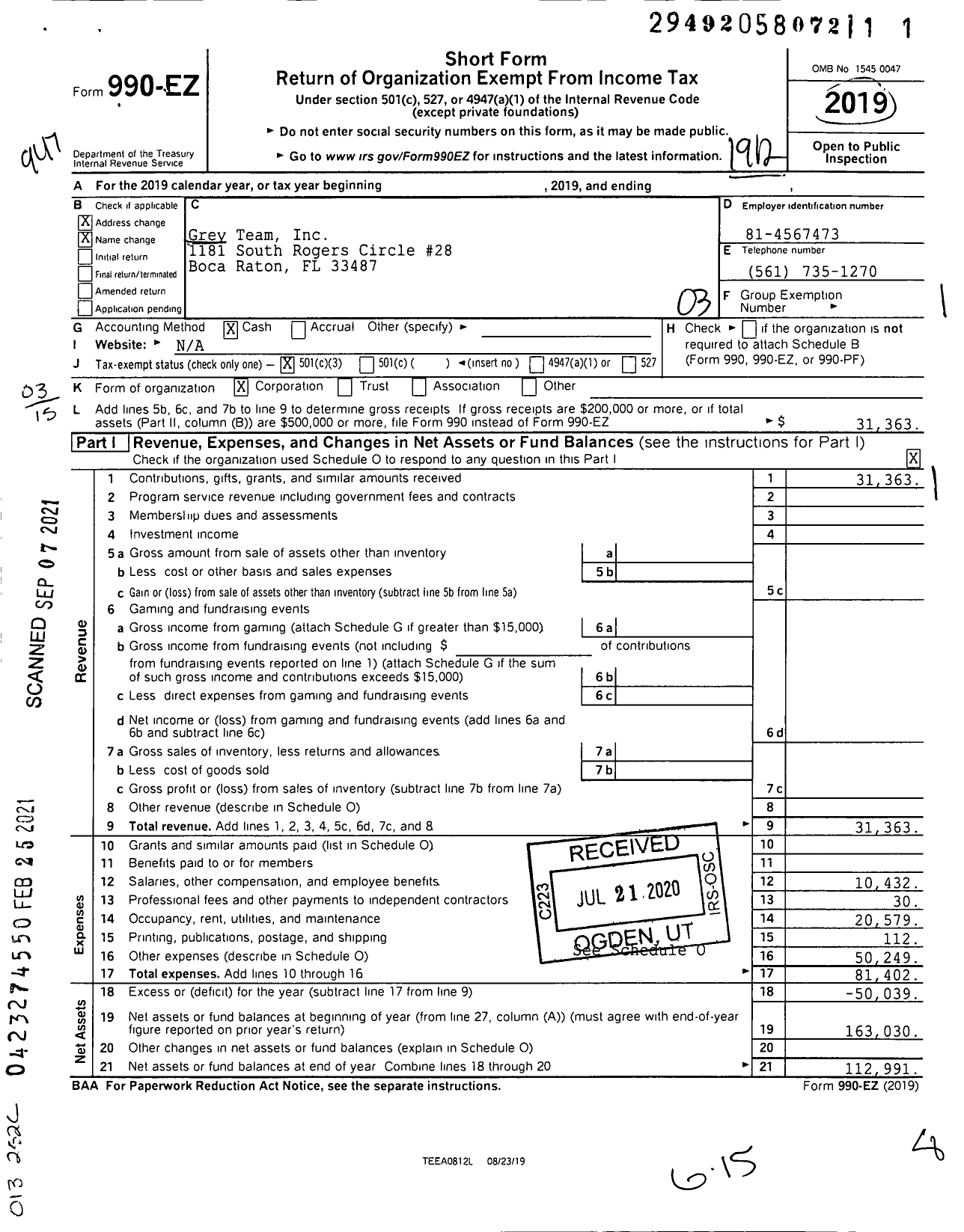 Image of first page of 2019 Form 990EZ for Grey Team