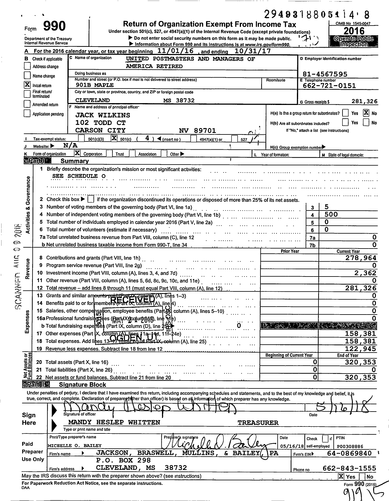 Image of first page of 2016 Form 990O for United Postmasters and Managers of America Retired