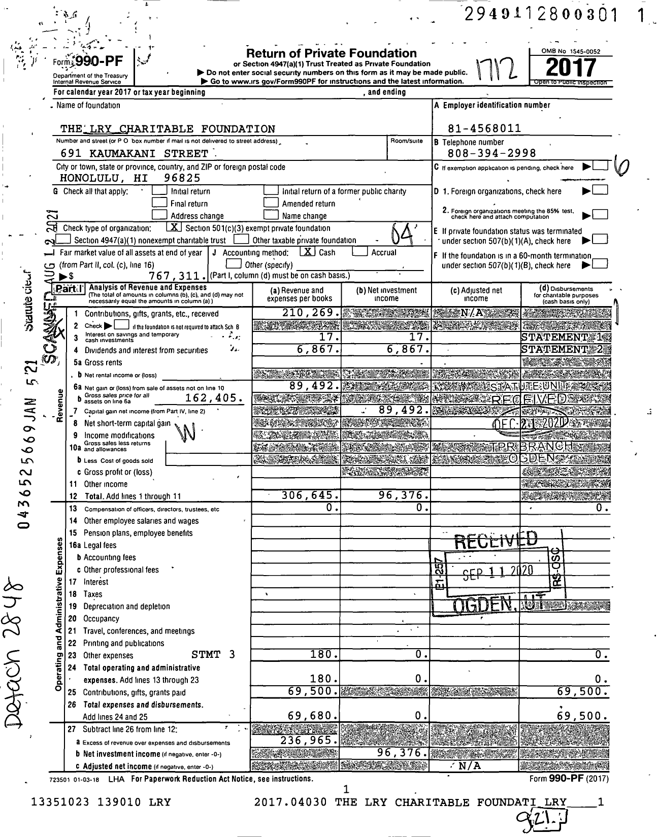 Image of first page of 2017 Form 990PF for The Lry Charitable Foundation