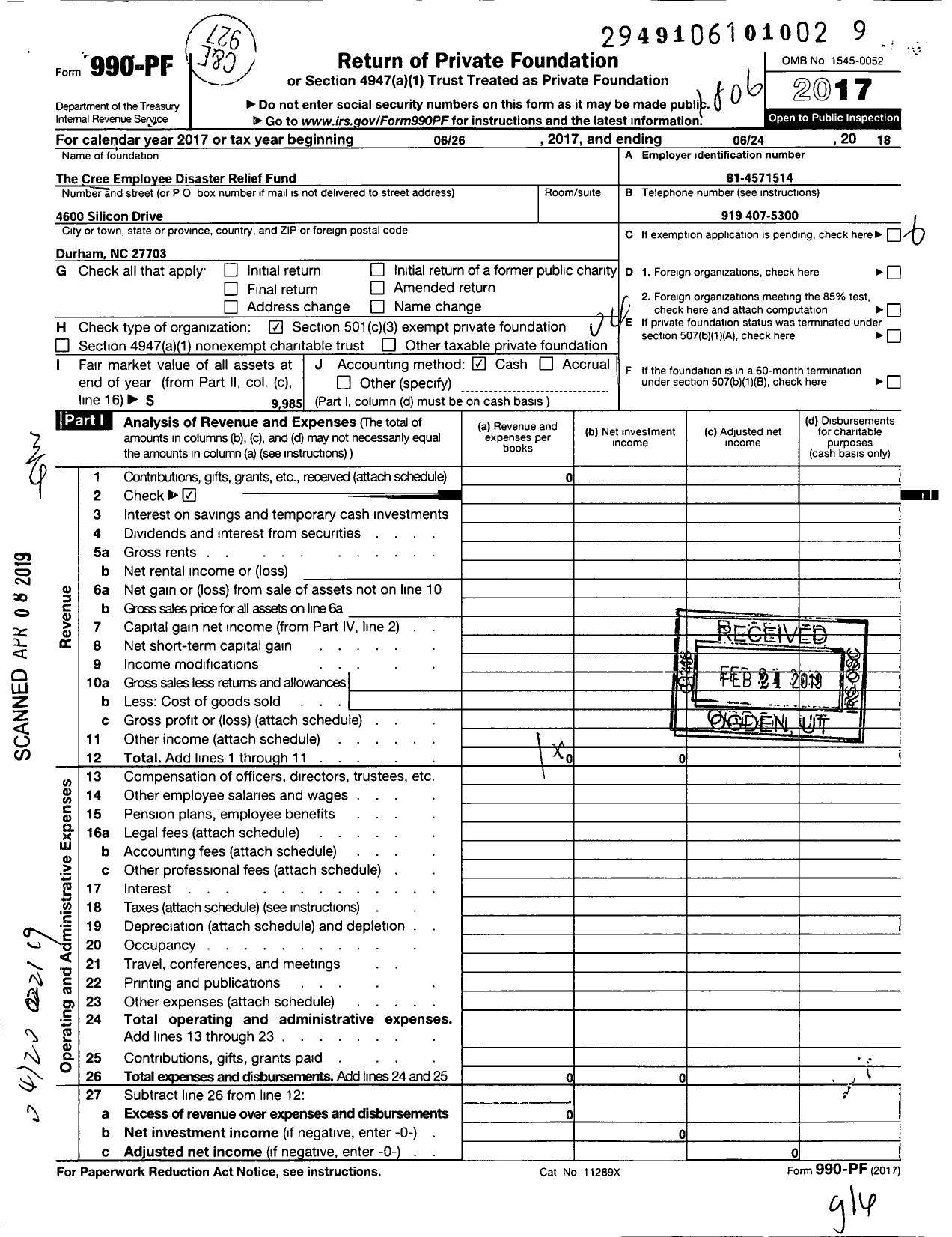 Image of first page of 2017 Form 990PF for The Wolfspeed Employee Disaster Relief Fund