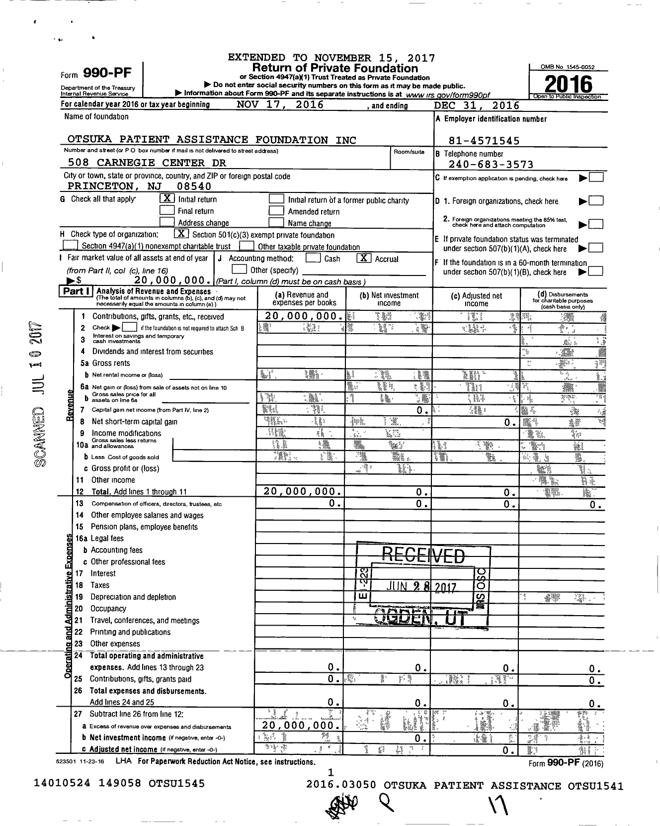 Image of first page of 2016 Form 990PF for Otsuka Patient Assistance Foundation