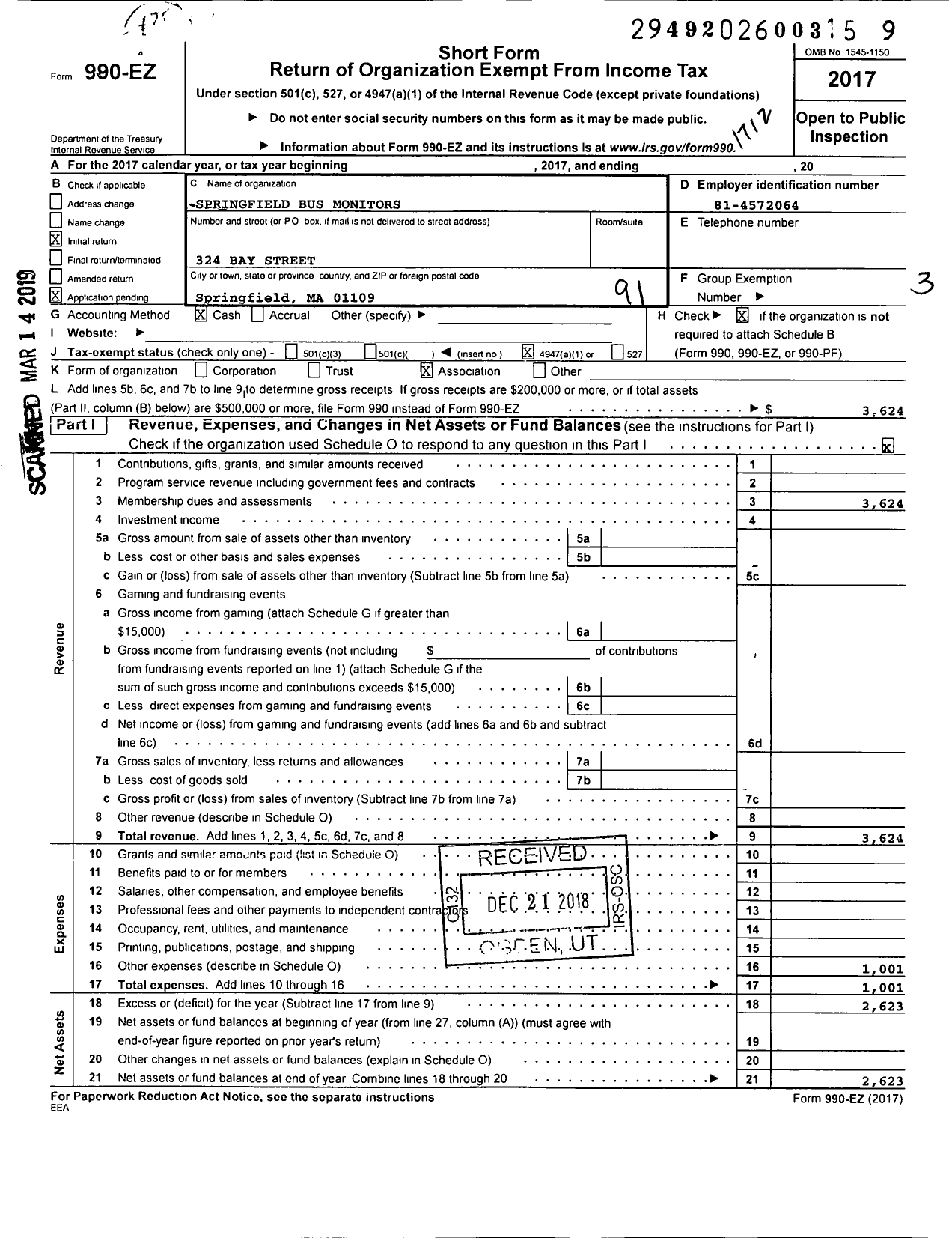 Image of first page of 2017 Form 990EO for Springfield Bus Monitors