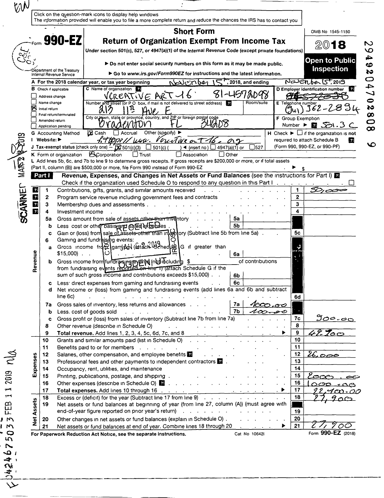 Image of first page of 2018 Form 990EZ for Vcreativeart16