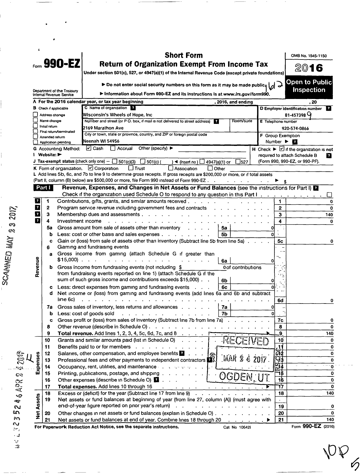 Image of first page of 2016 Form 990EO for Wisconsins Wheels of Hope