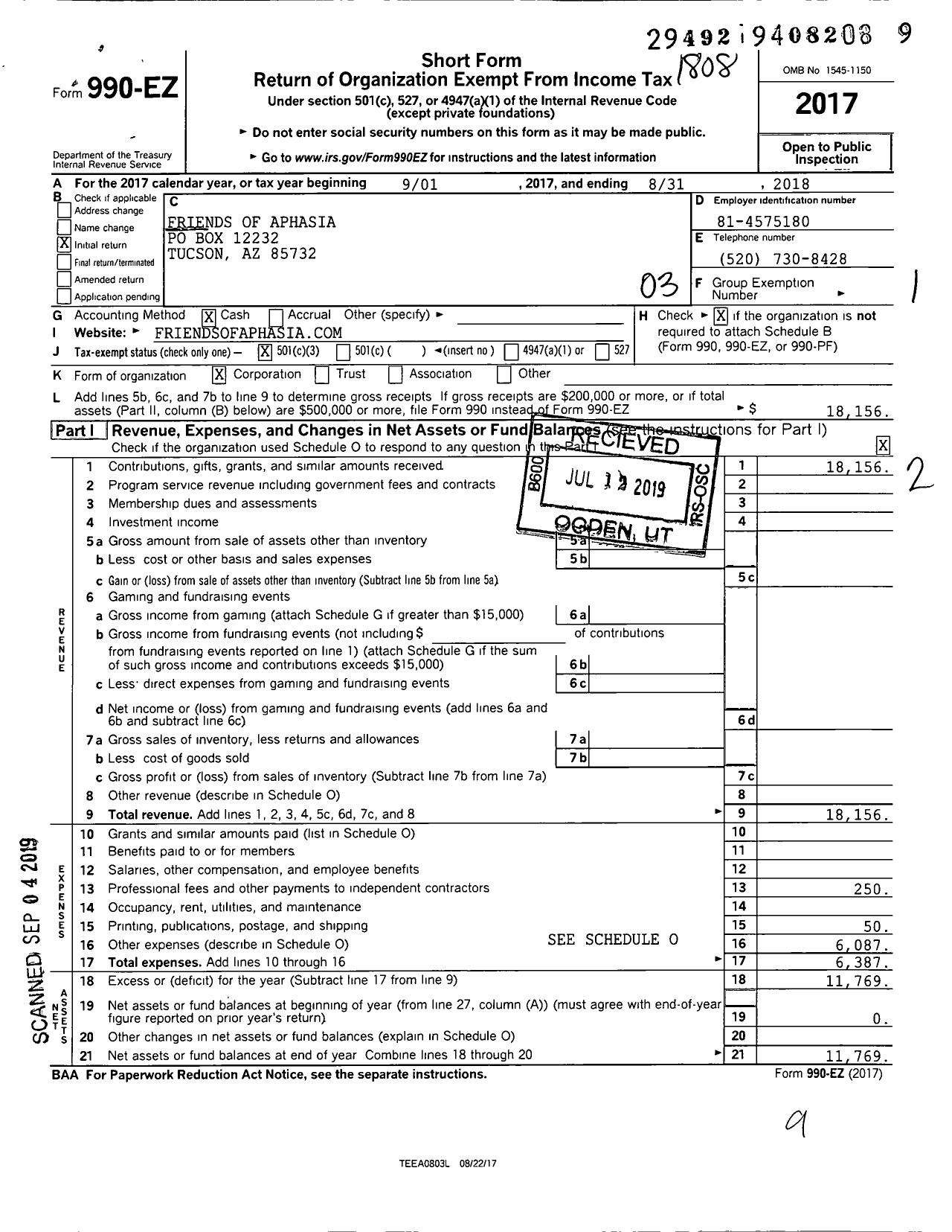 Image of first page of 2017 Form 990EZ for Friends of Aphasia