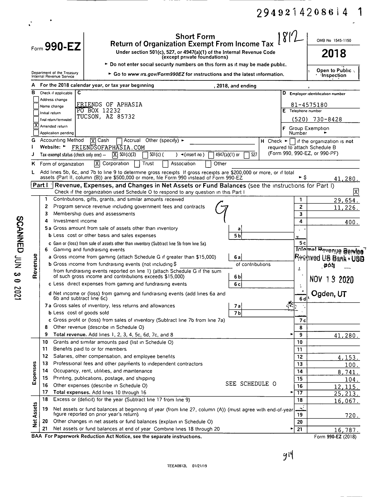 Image of first page of 2018 Form 990EZ for Friends of Aphasia