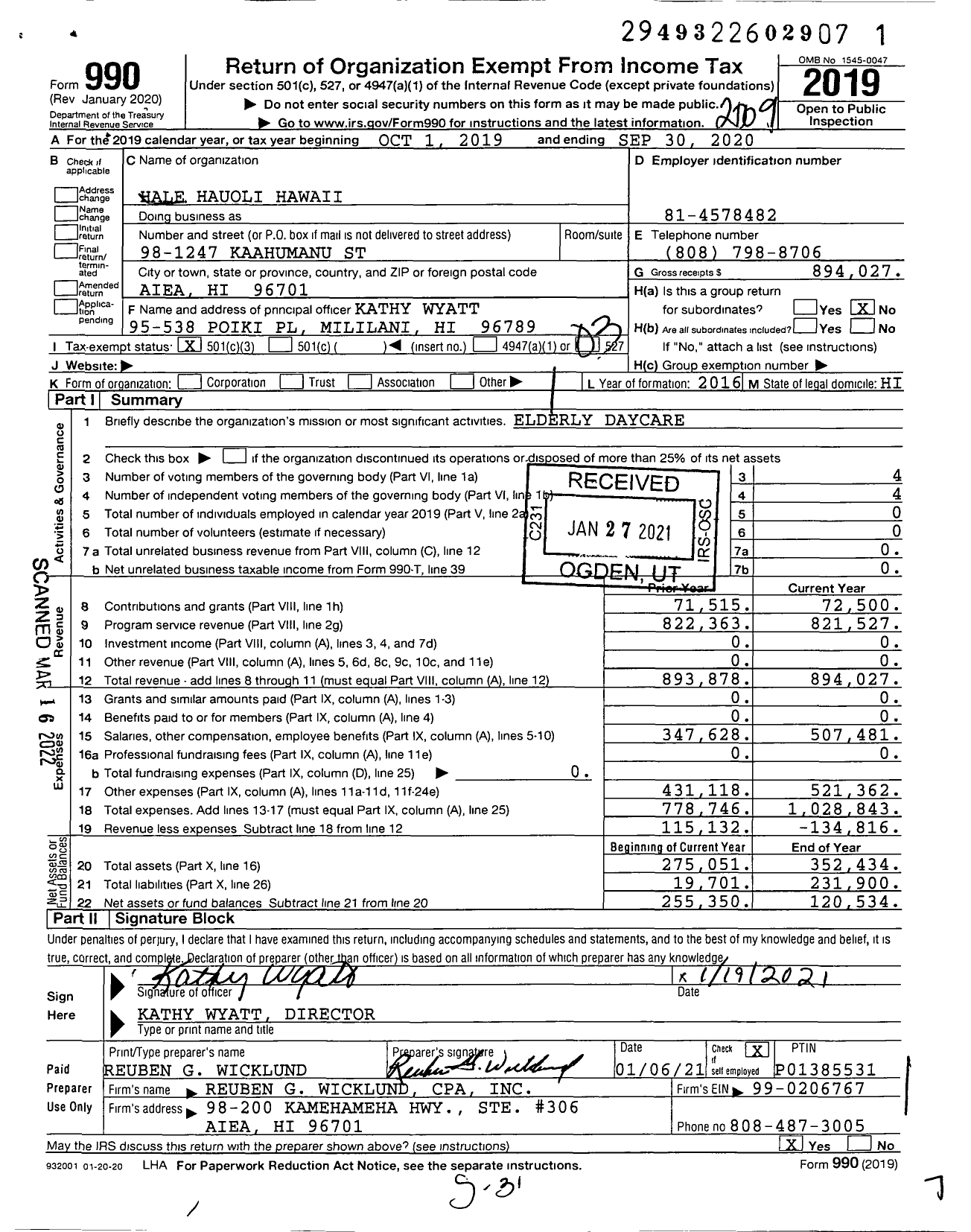 Image of first page of 2019 Form 990 for Hale Hauoli Hawaii