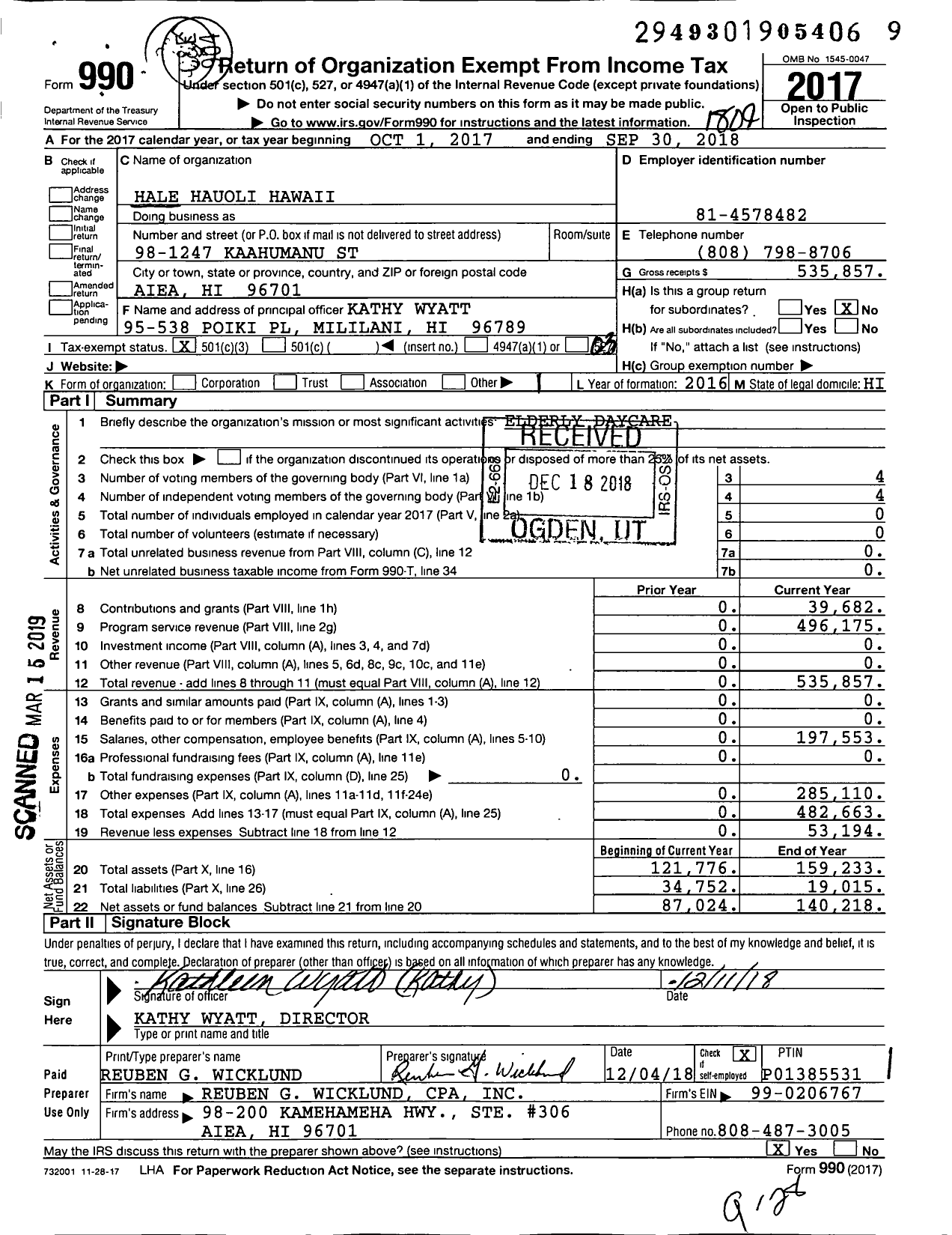 Image of first page of 2017 Form 990 for Hale Hauoli Hawaii