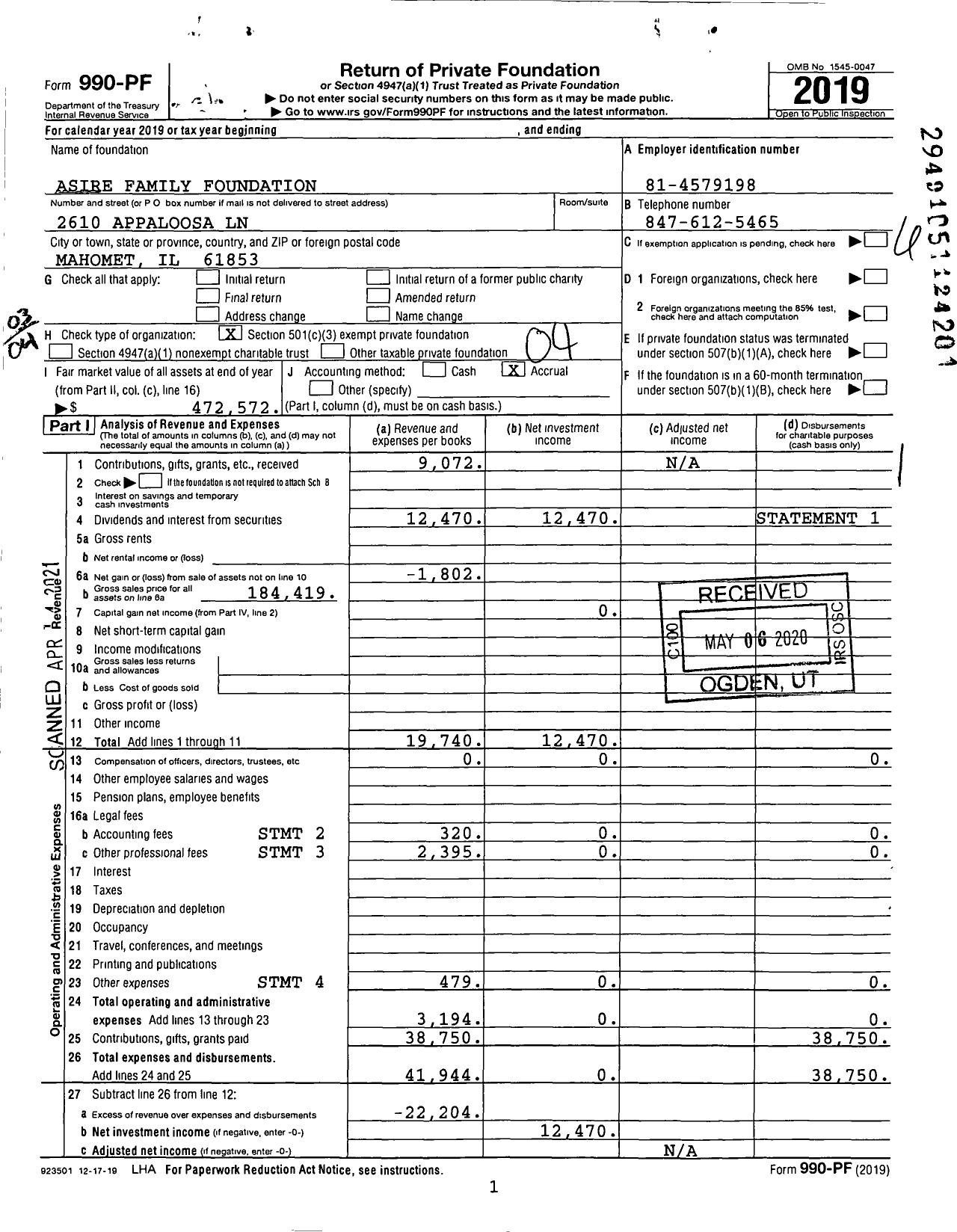 Image of first page of 2019 Form 990PF for Asire Family Foundation