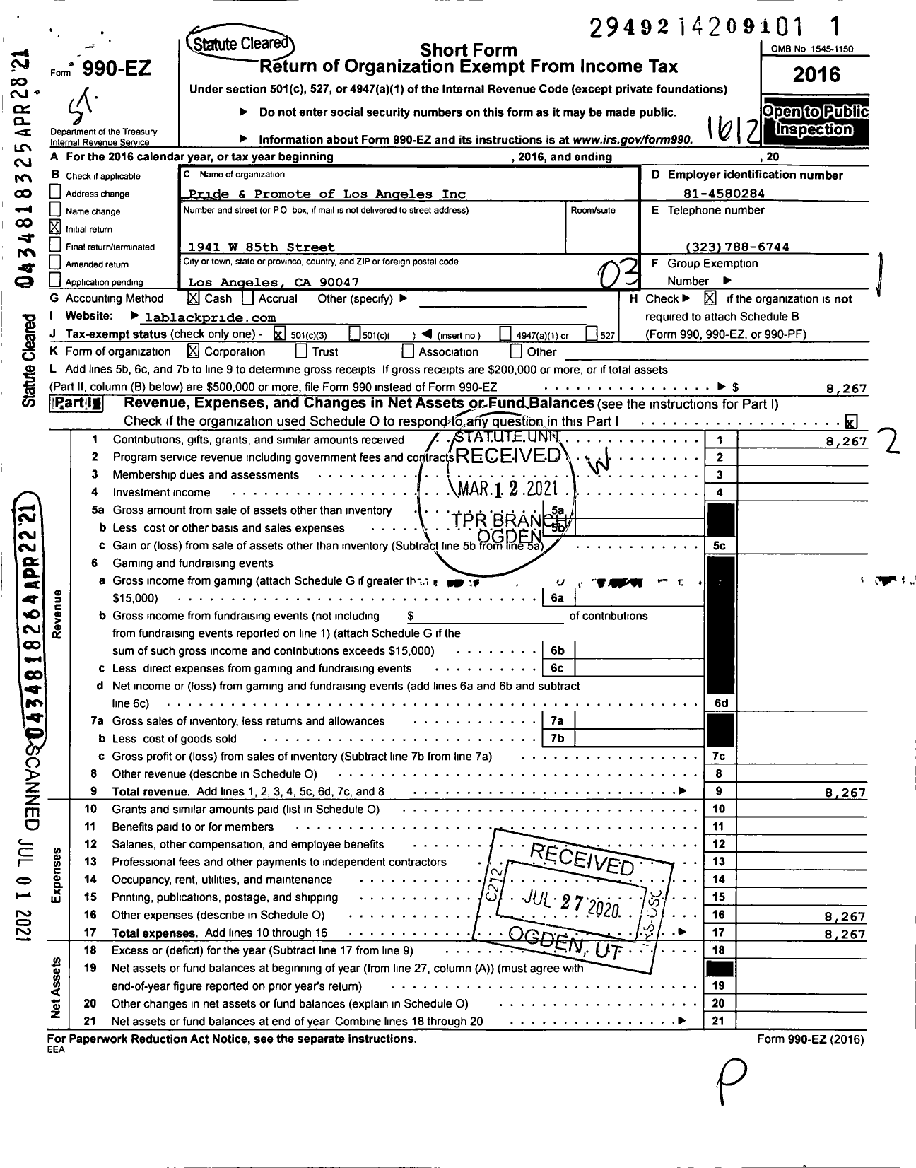 Image of first page of 2016 Form 990EZ for Pride and Promote of Los Angeles