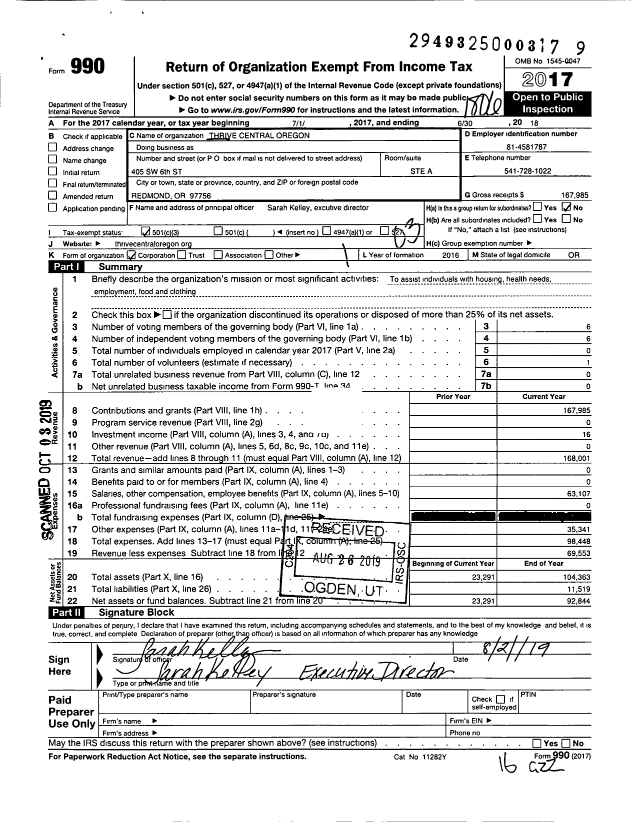 Image of first page of 2017 Form 990 for Thrive Central Oregon