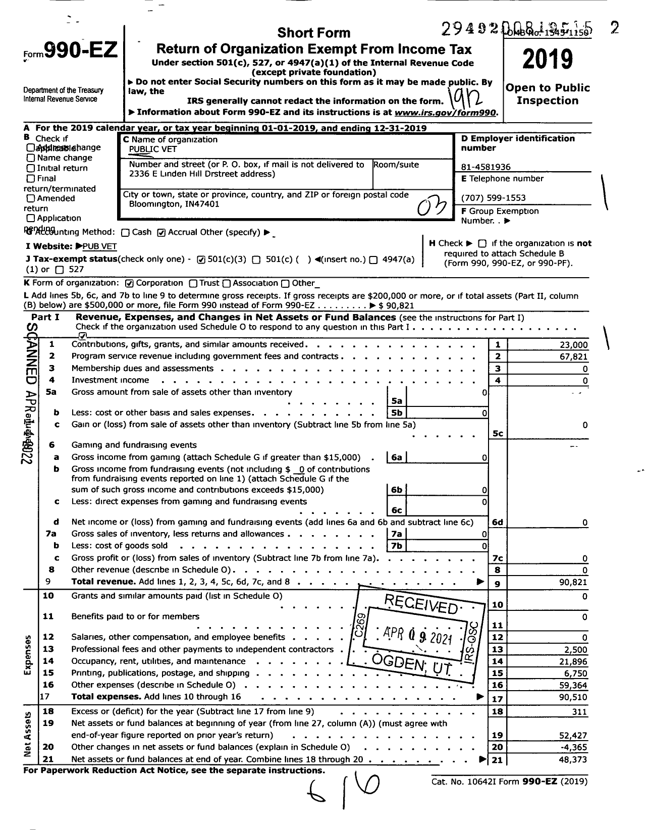 Image of first page of 2019 Form 990EZ for Public Vet