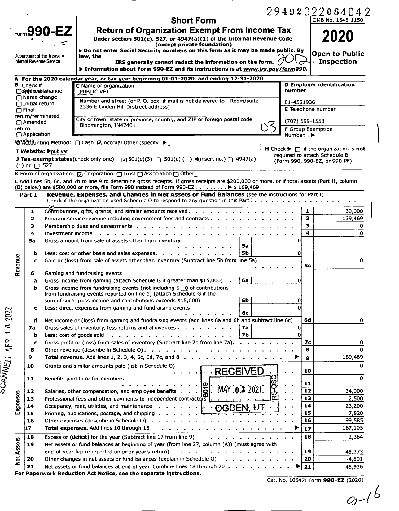 Image of first page of 2020 Form 990EZ for Public Vet