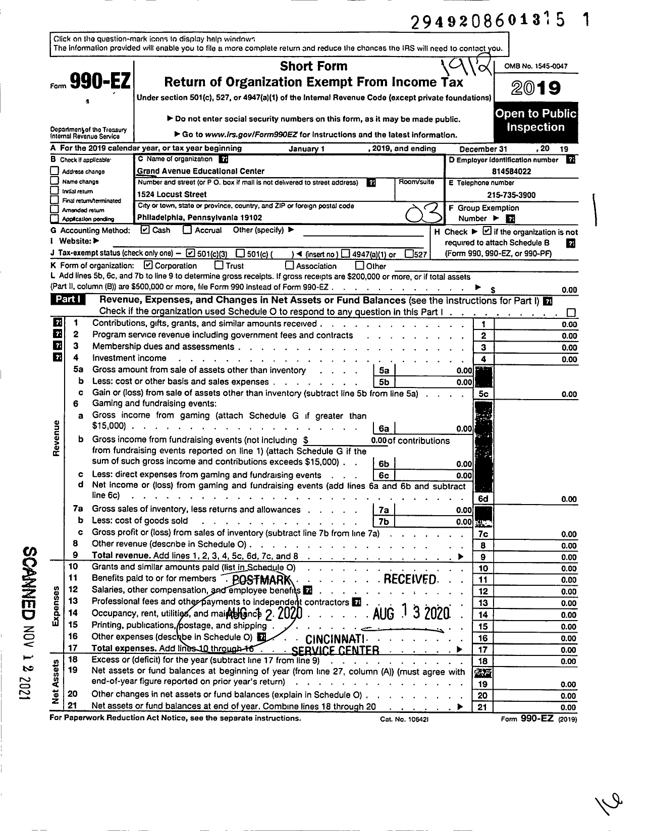 Image of first page of 2019 Form 990EZ for Grand Avenue Educational Center