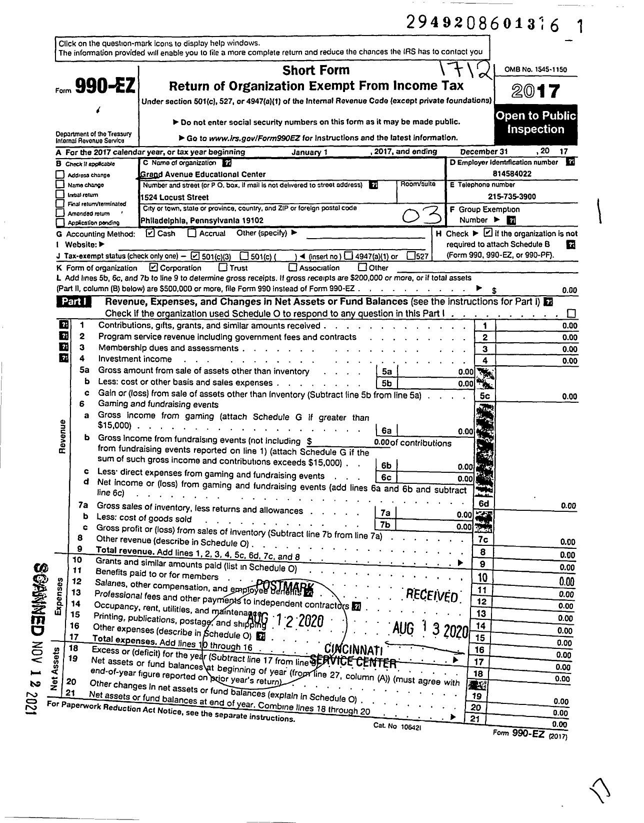 Image of first page of 2017 Form 990EZ for Grand Avenue Educational Center