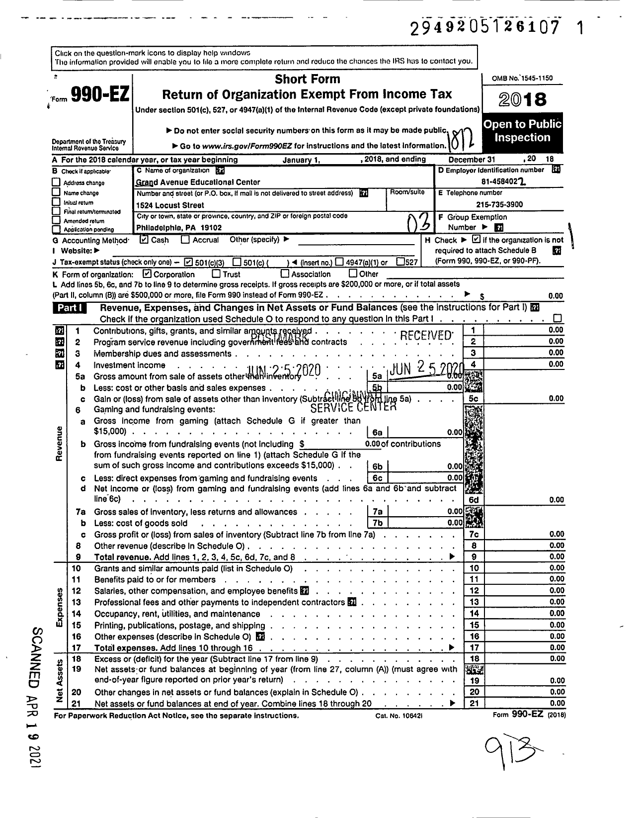 Image of first page of 2018 Form 990EZ for Grand Avenue Educational Center