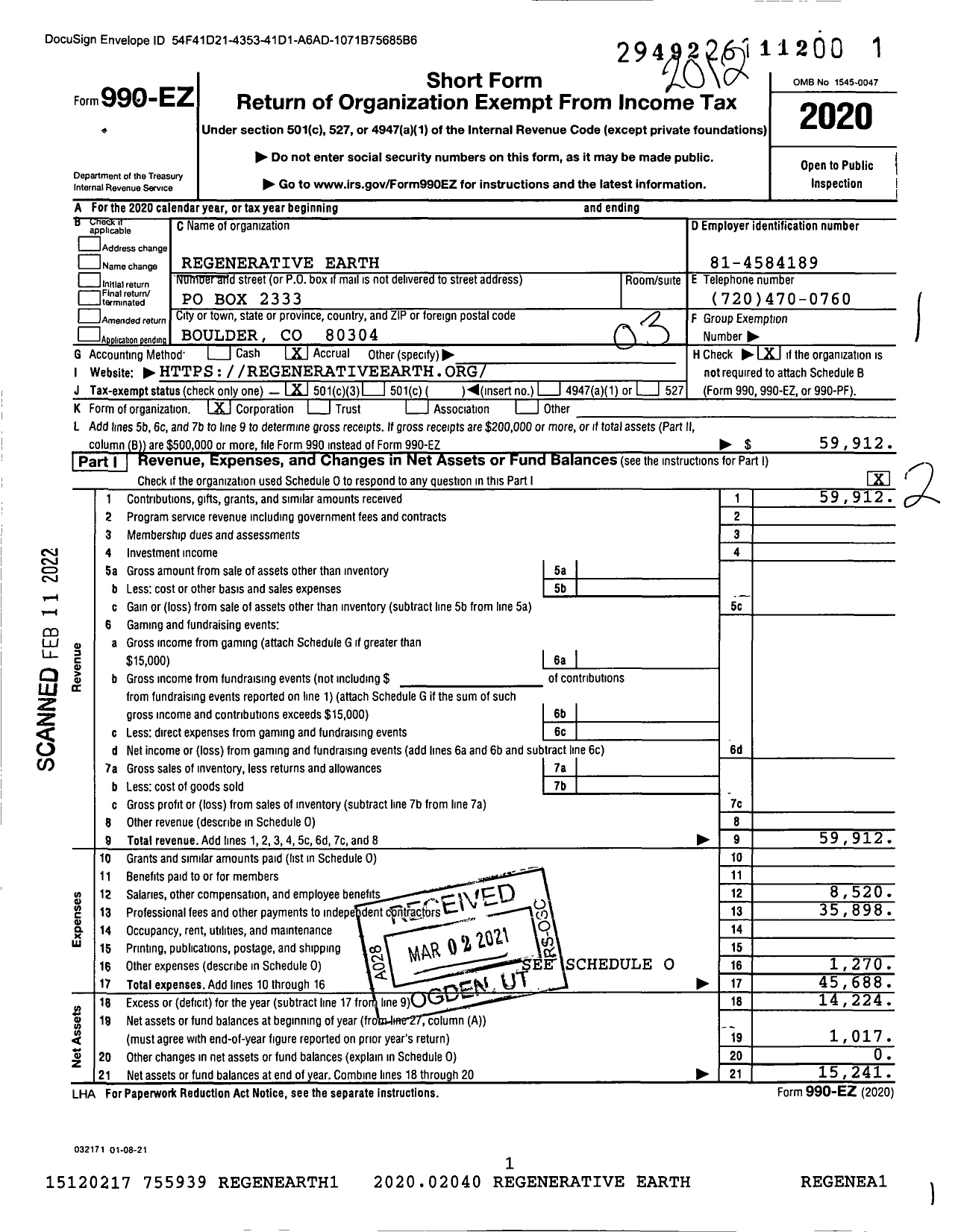 Image of first page of 2020 Form 990EZ for Regenerative Earth