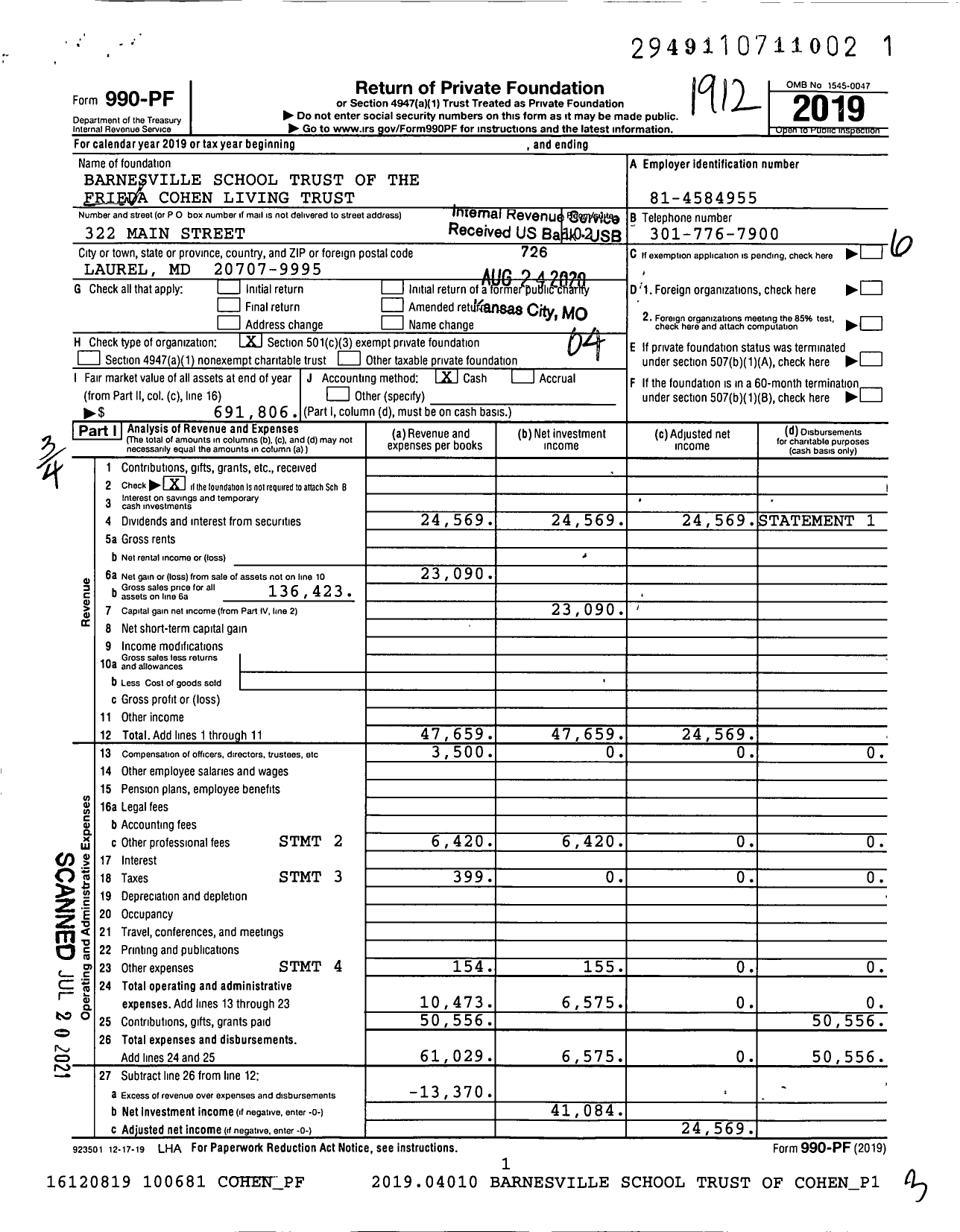 Image of first page of 2019 Form 990PF for Barnesville School Trust of the Frieda Cohen Living Trust