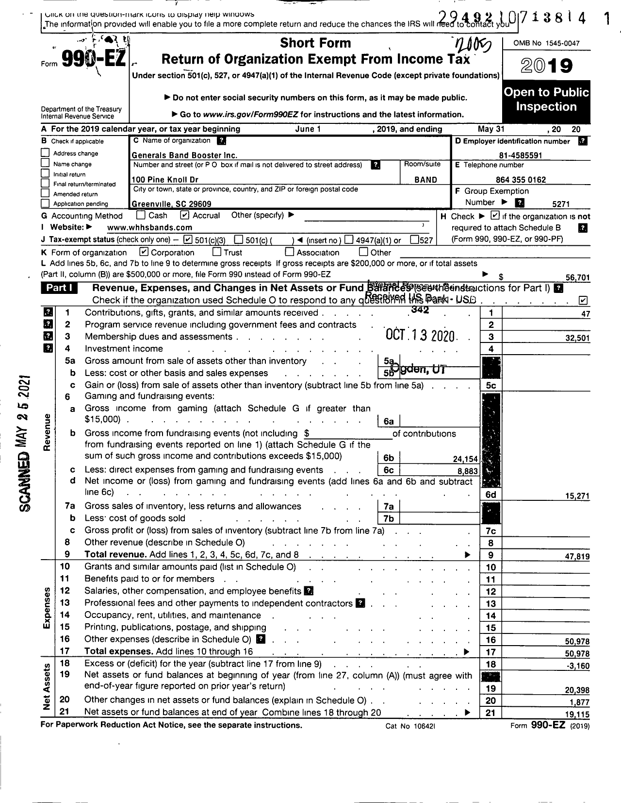 Image of first page of 2019 Form 990EZ for Parent Booster USA / Generals Band Booster Inc