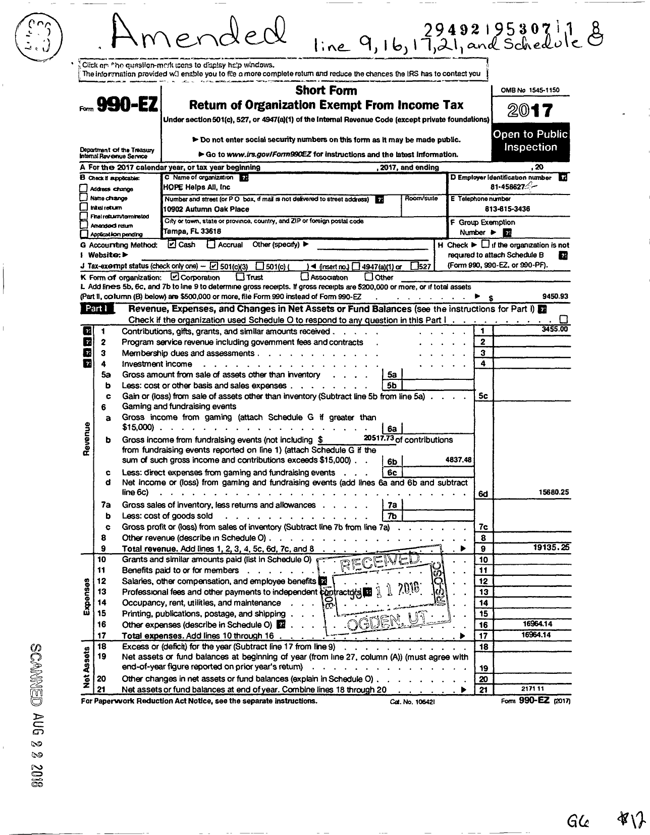 Image of first page of 2017 Form 990EZ for Hope Helps All