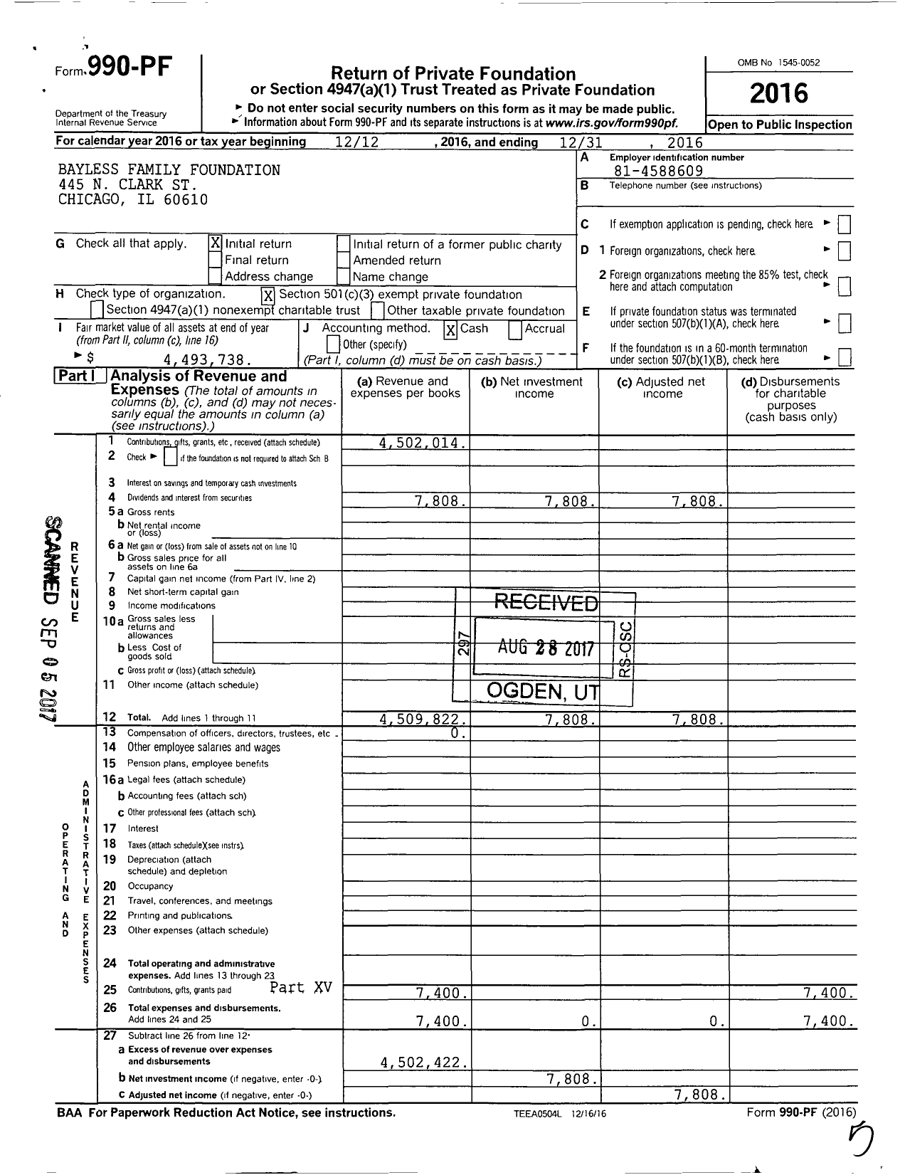 Image of first page of 2016 Form 990PF for Bayless Family Foundation