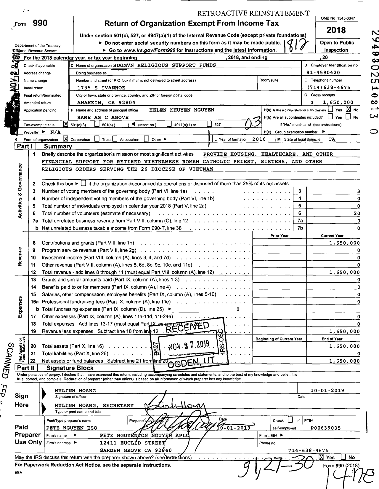 Image of first page of 2018 Form 990 for HDGMVN Religious Support Funds