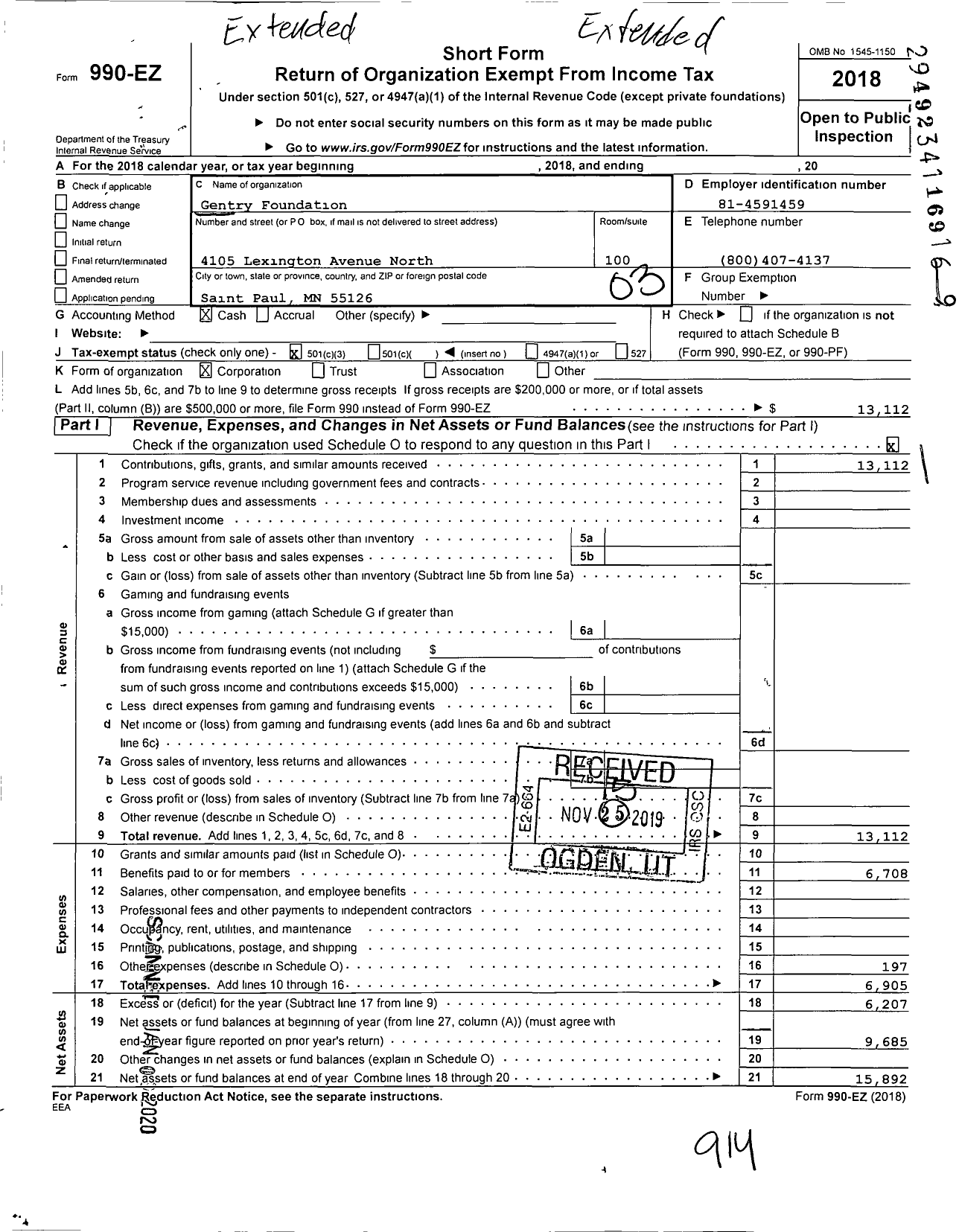 Image of first page of 2018 Form 990EZ for Gentry Foundation