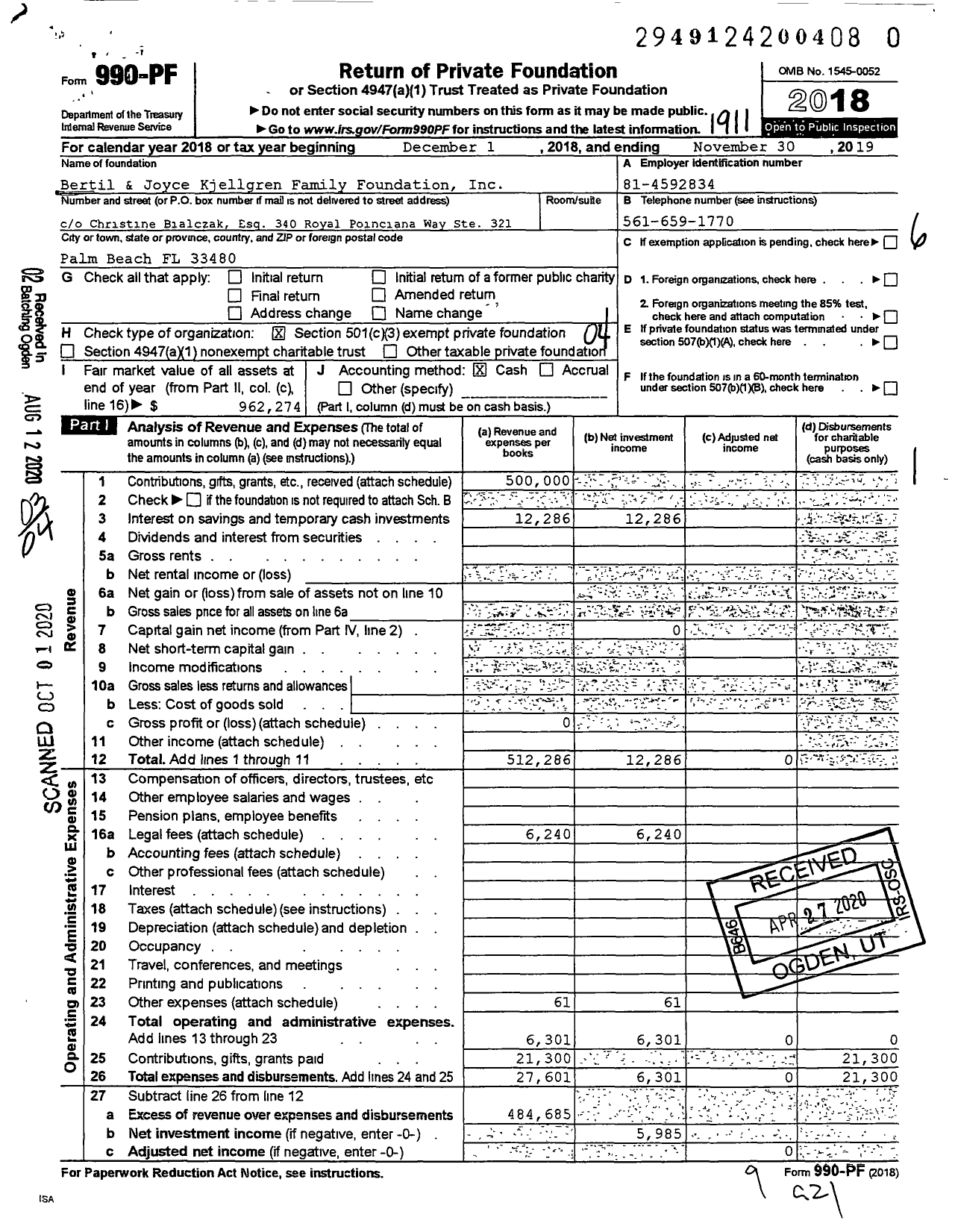 Image of first page of 2018 Form 990PR for Bertil & Joyce Kjellgren Family Foundation