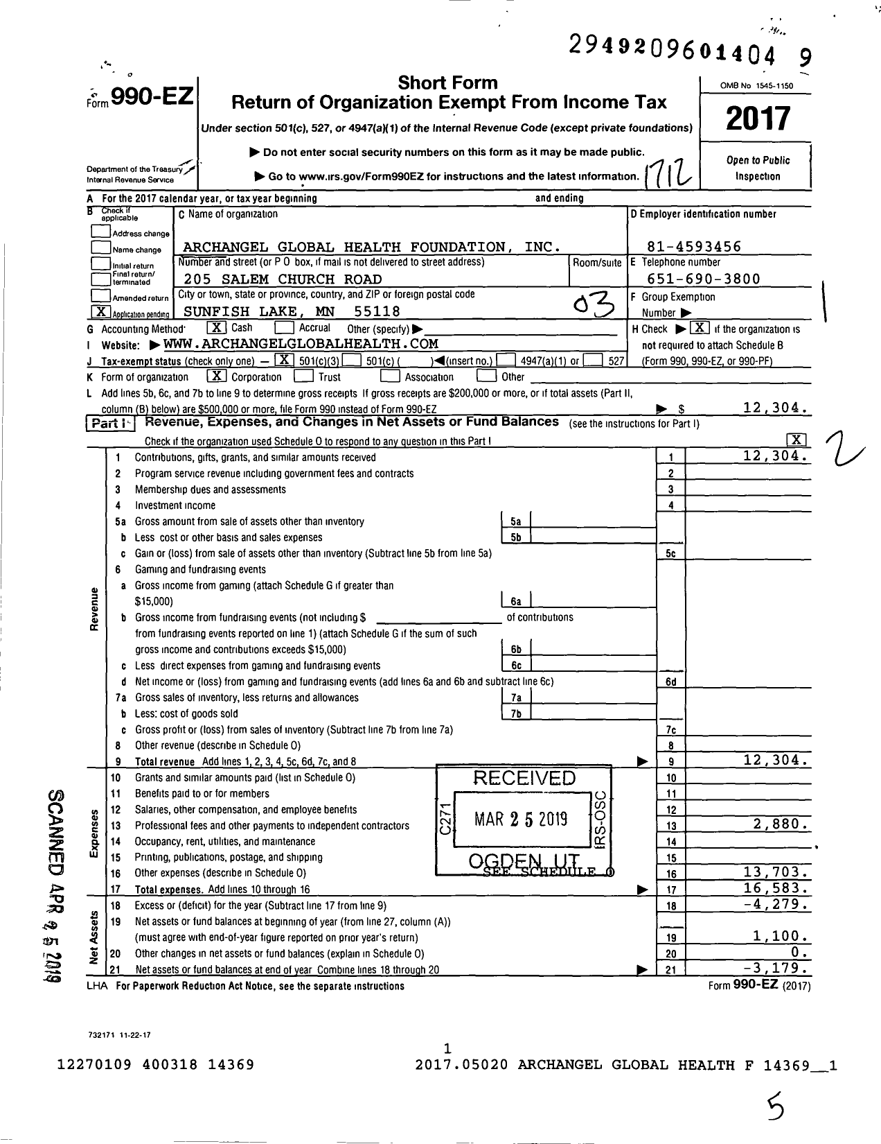 Image of first page of 2017 Form 990EZ for Archangel Global Health Foundation