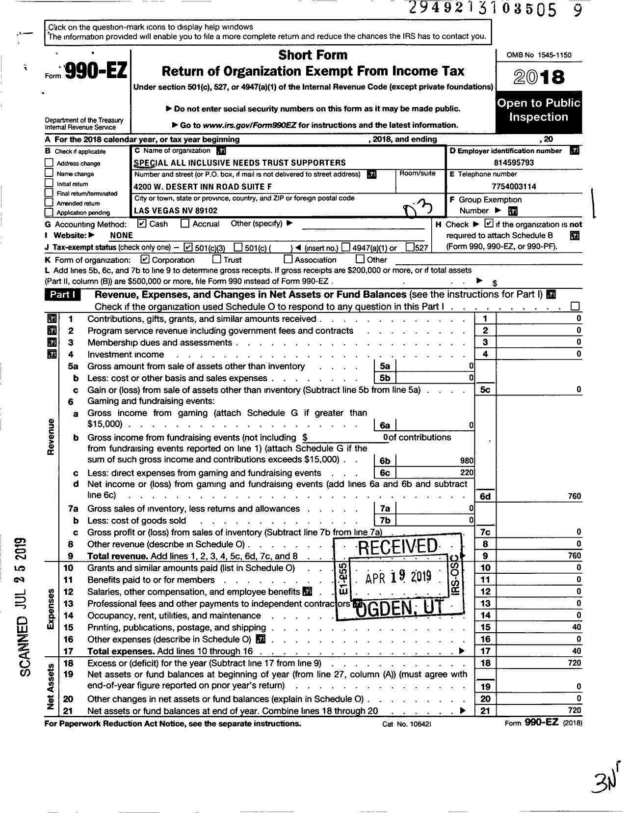 Image of first page of 2018 Form 990EZ for Special All Inclusive Needs Trust Supporters